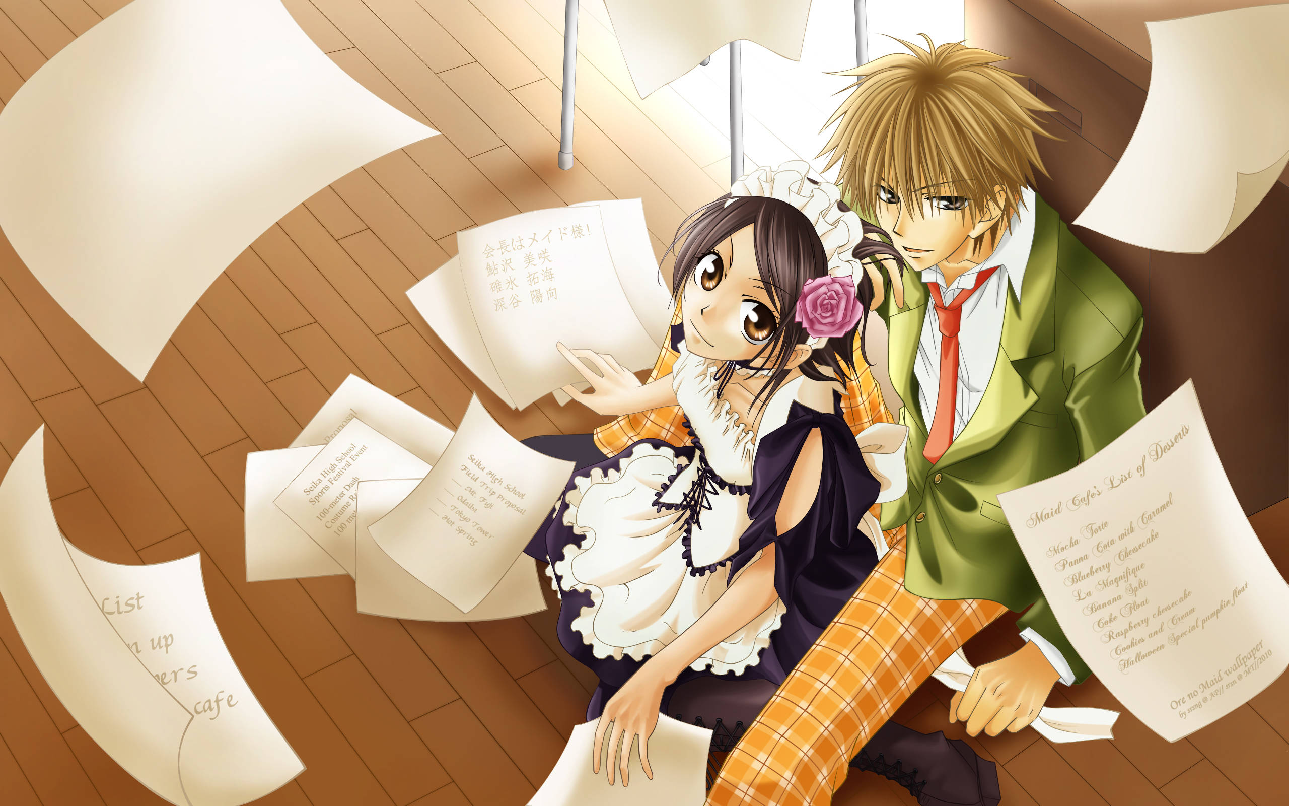 Maid Sama, floating papers, wooden floor, 2K Desktop Wallpaper