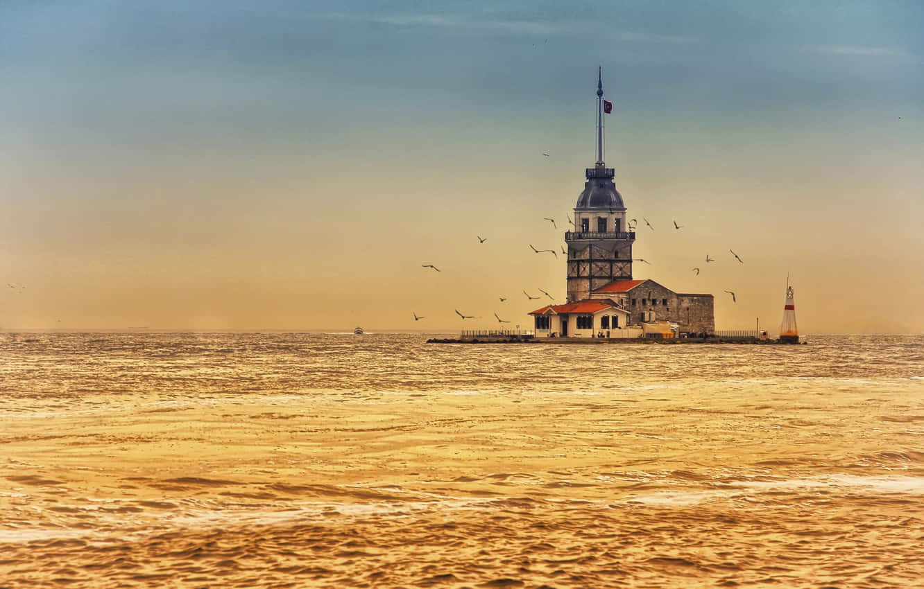 Maiden Tower, sunset, golden-hued sea, HD Desktop Wallpaper