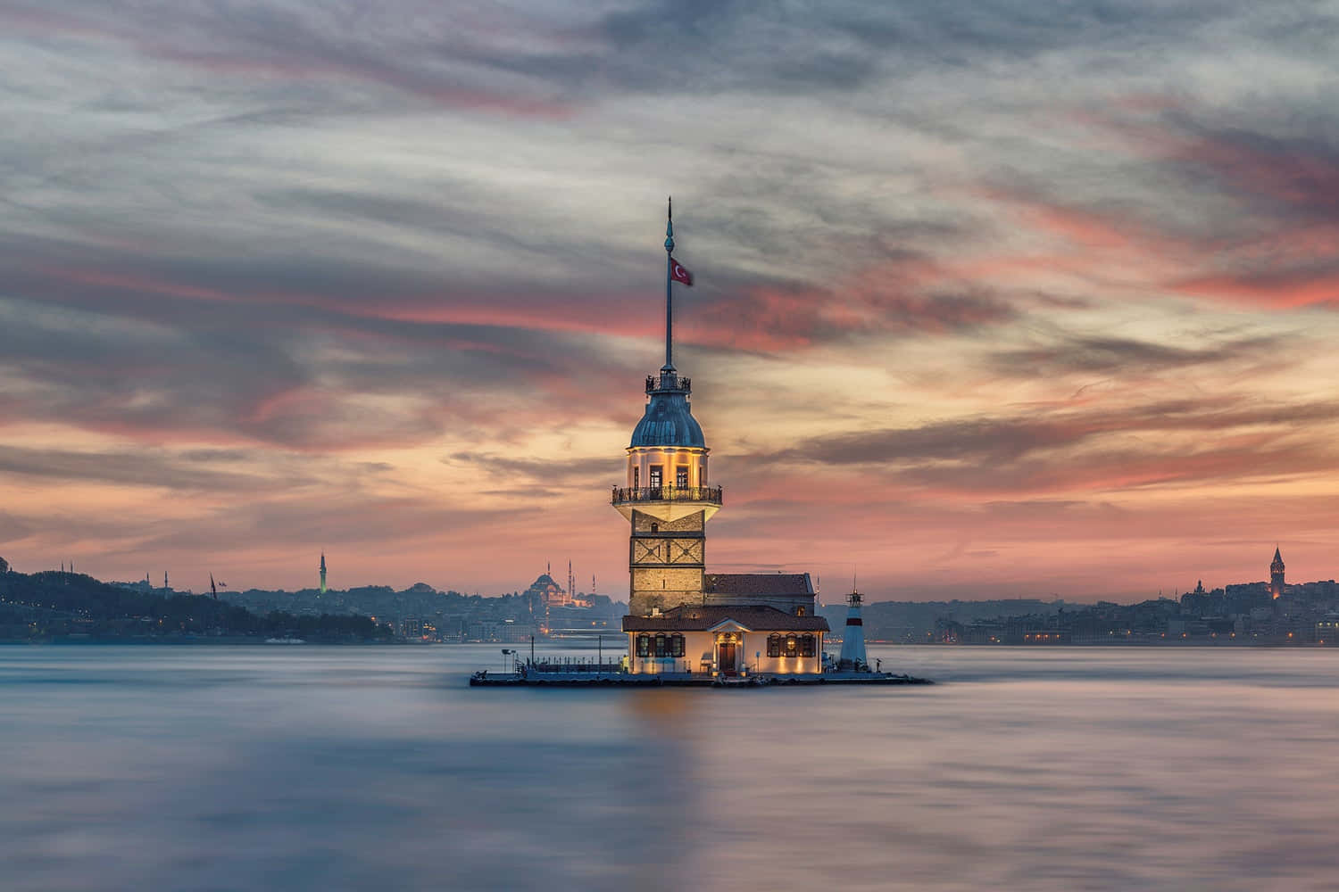Maiden Tower, twilight sky, pink orange clouds, HD Desktop Wallpaper
