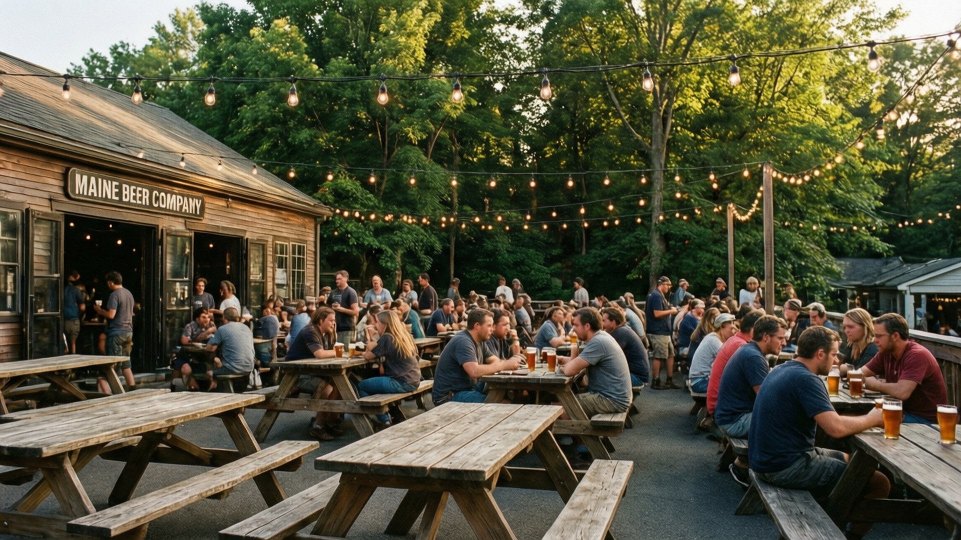 Maine Beer Company, beer garden, string lights, Full HD Desktop Wallpaper