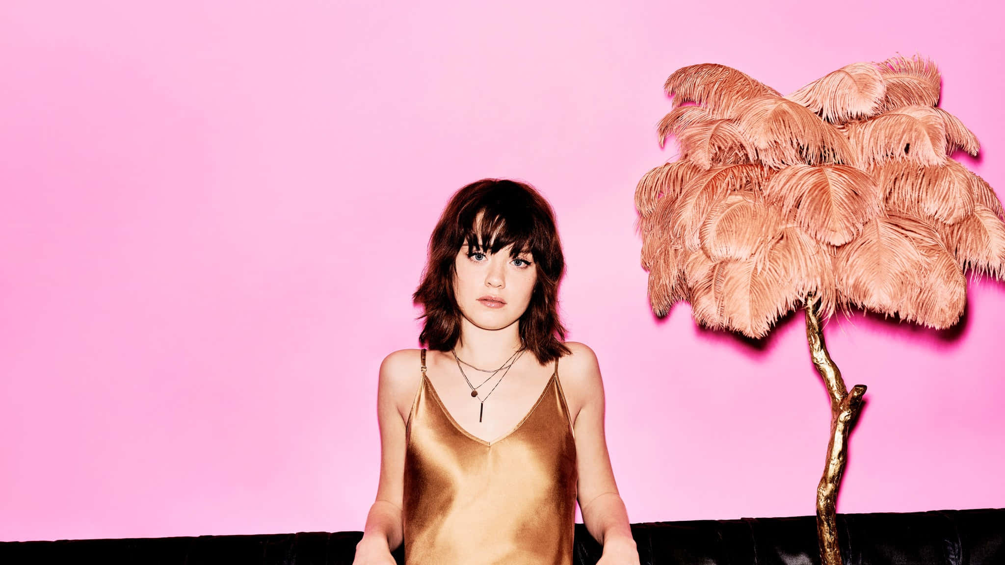 Maisie Peters, gold satin top, feathered palm tree, Full HD Desktop Wallpaper