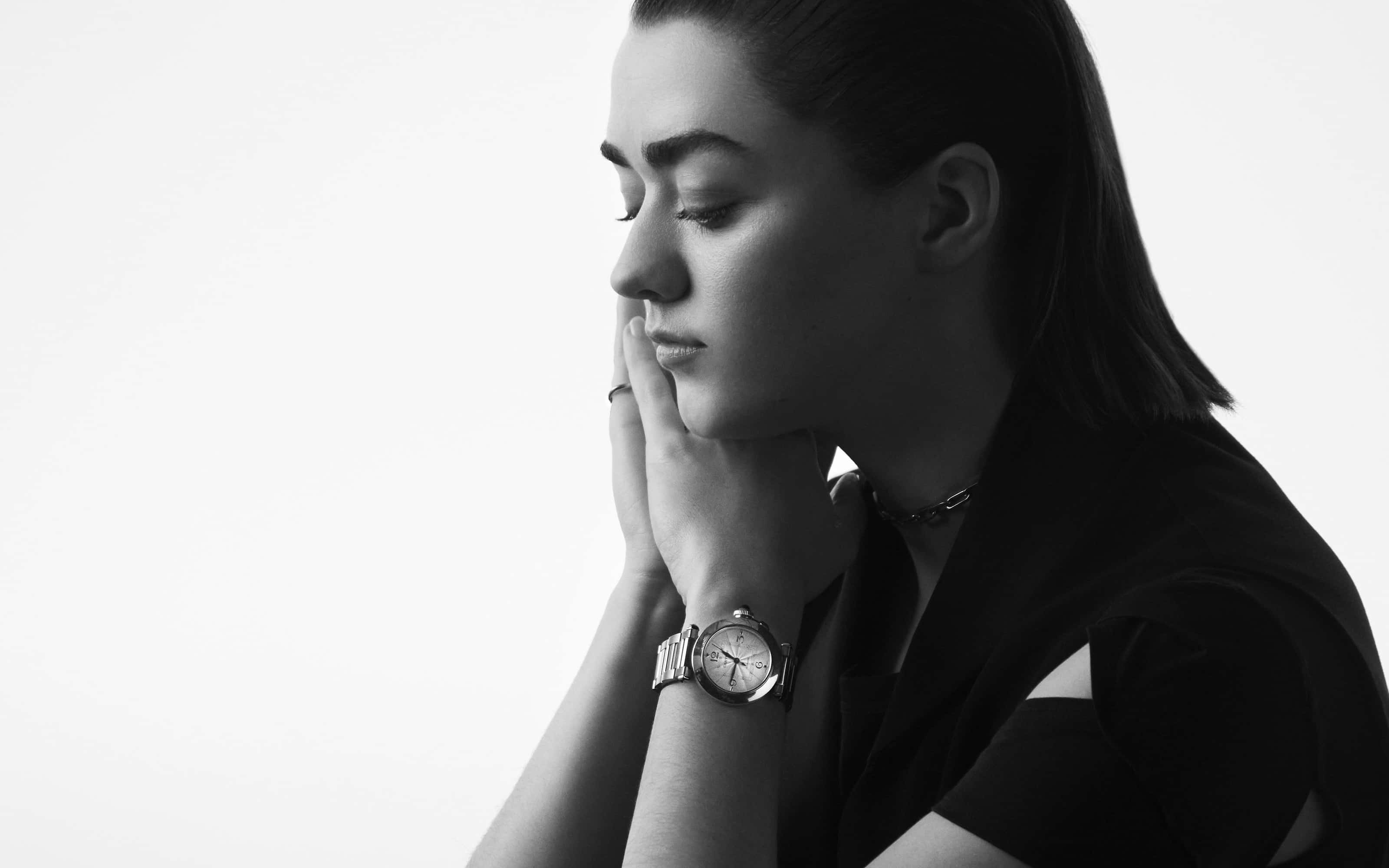 Maisie Williams, black and white portrait, profile, 2K Desktop Wallpaper
