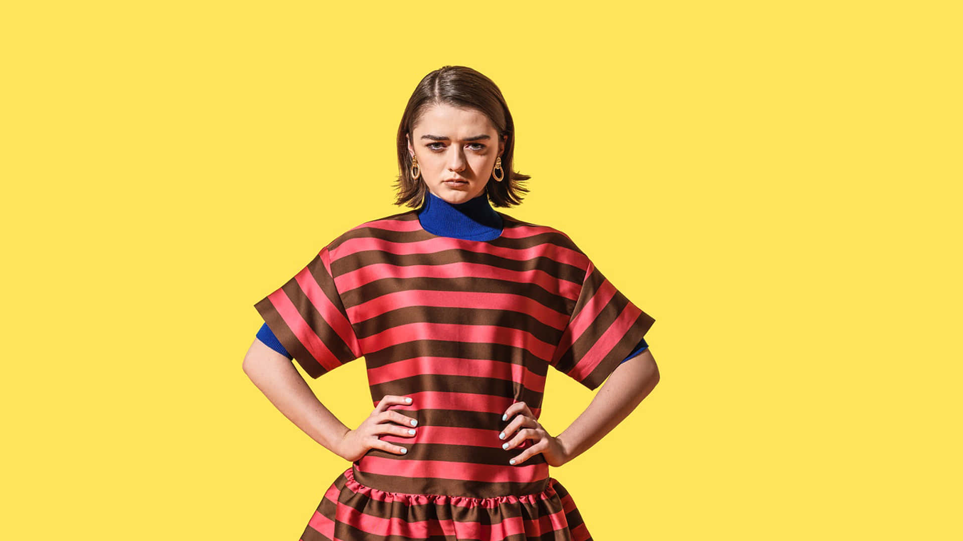 Maisie Williams, short brown hair, bright yellow background, Full HD Desktop Wallpaper