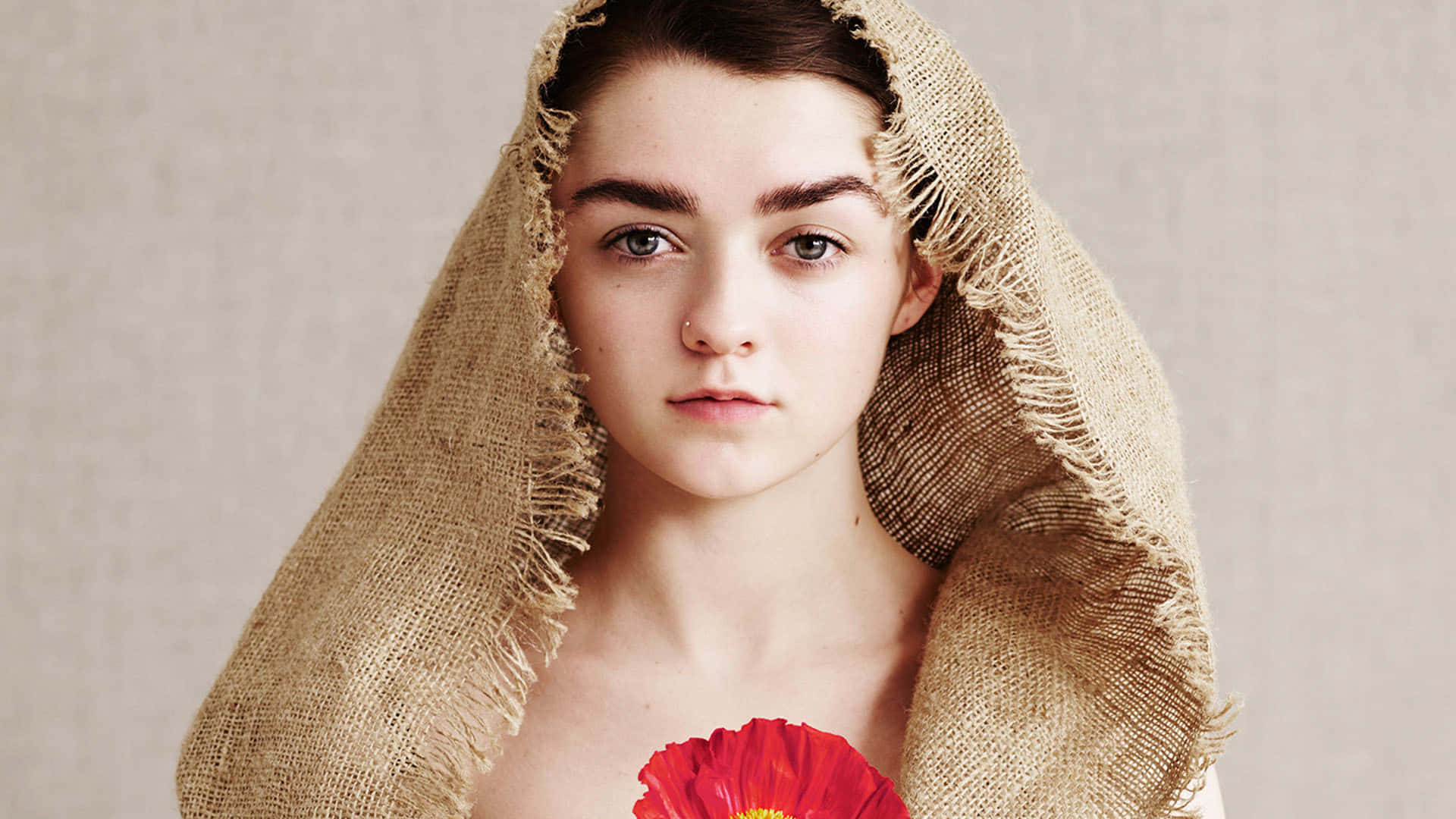 Maisie Williams, red flower, burlap fabric, Full HD Desktop Wallpaper