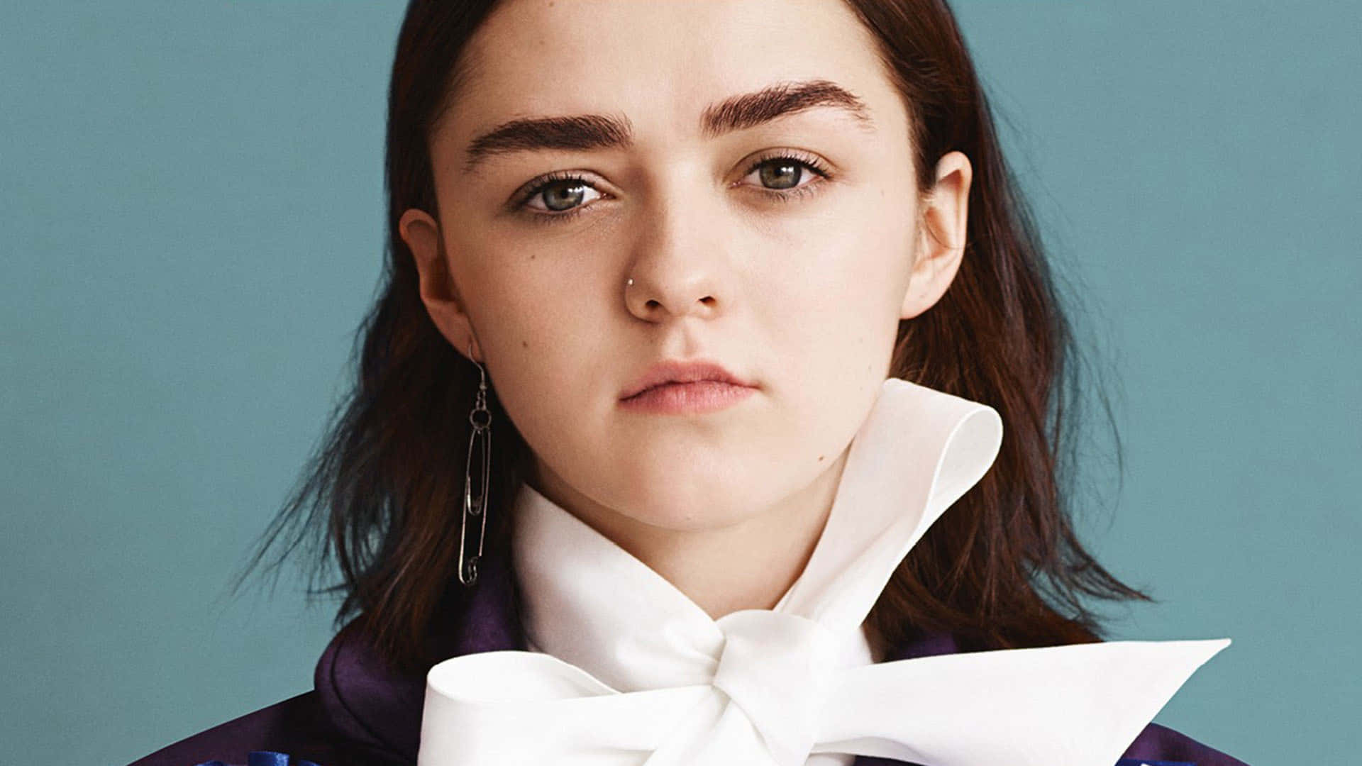 Maisie Williams, dark hair, white bow collar, Full HD Desktop Wallpaper