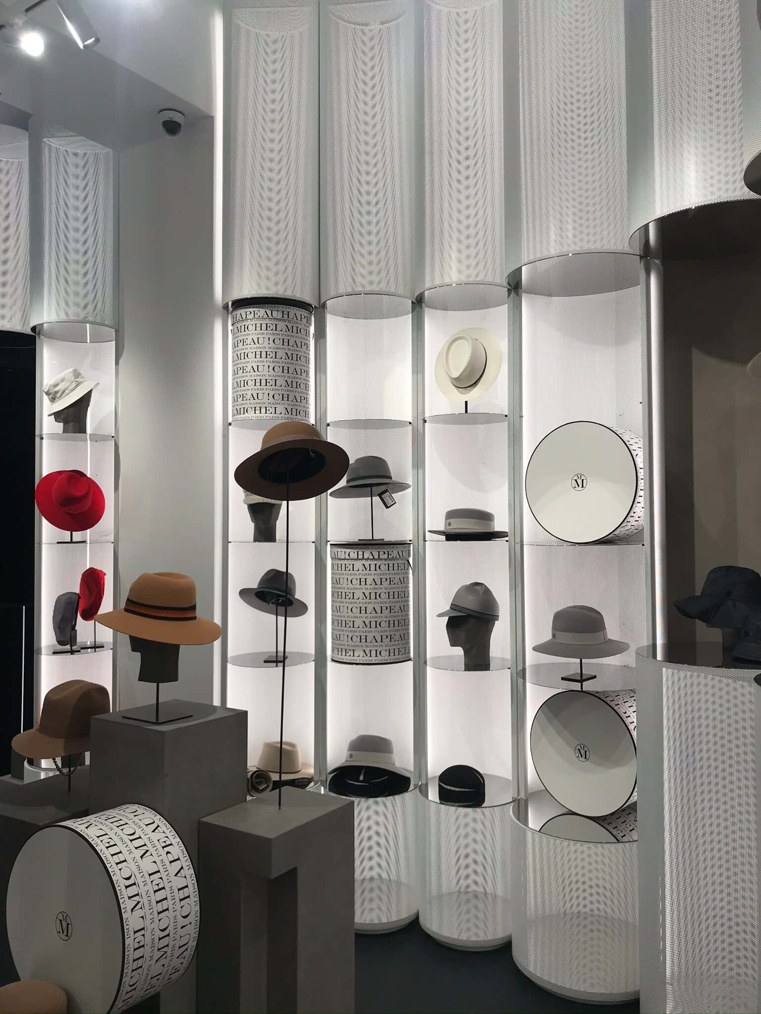 Maison Michel, boutique design, cylindrical glass cases, Full HD Phone Wallpaper
