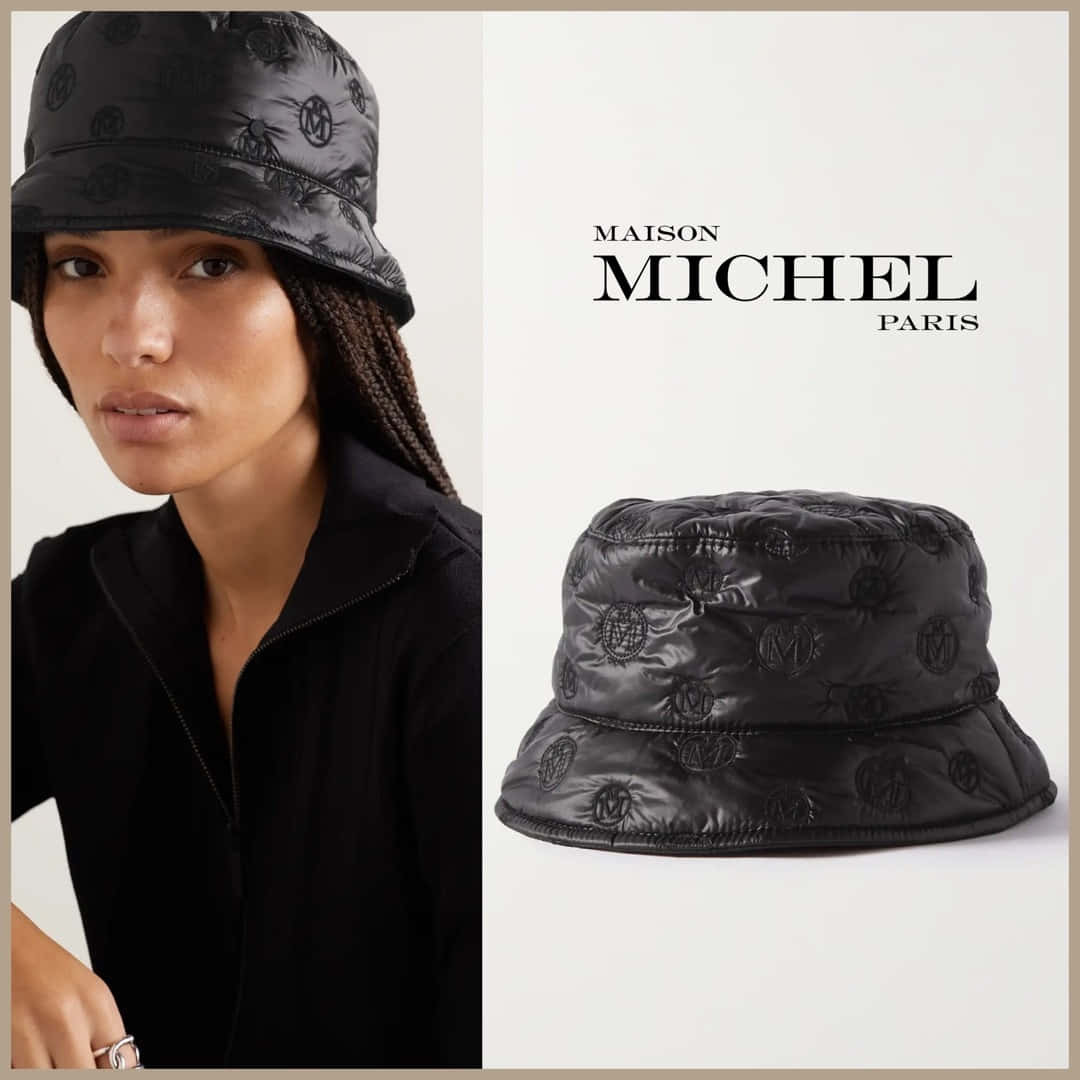 Maison Michel, black quilted bucket hat, repeating logo patterns, SD Desktop Wallpaper