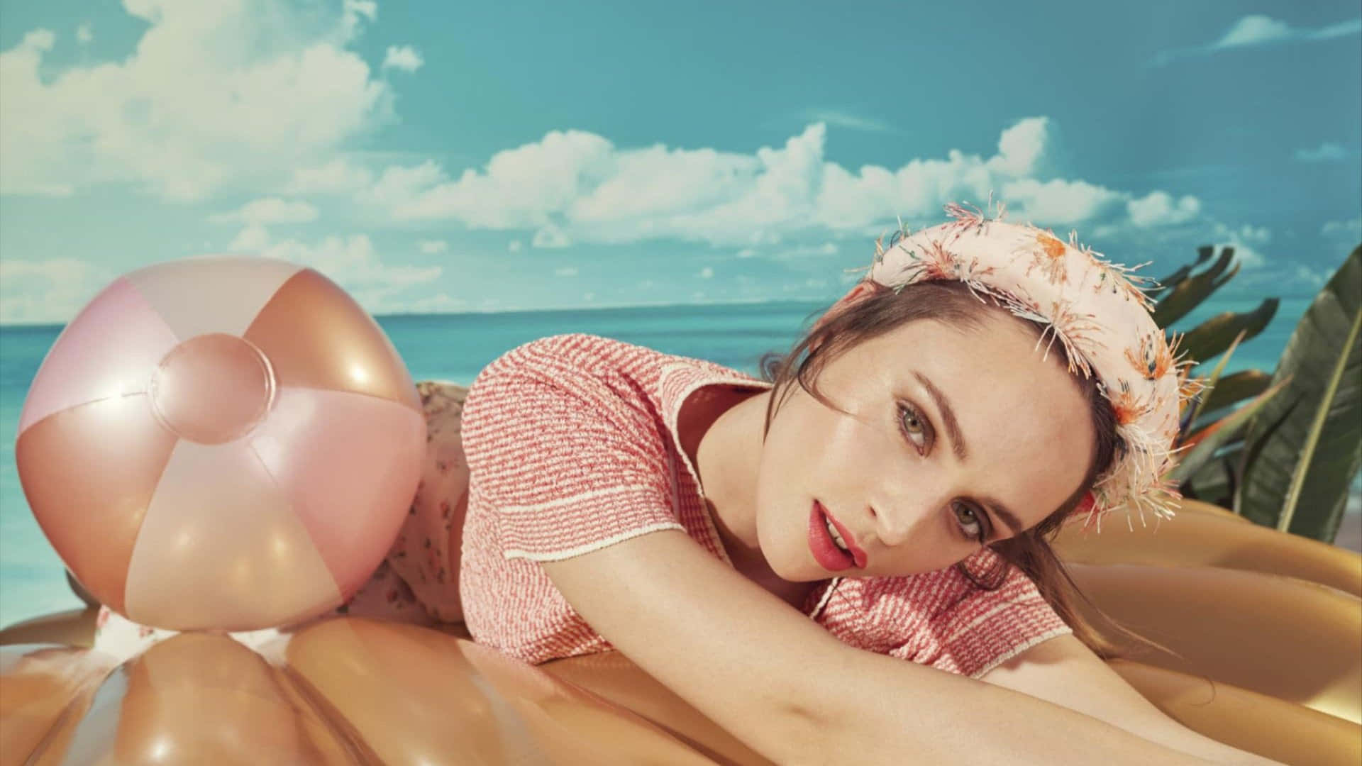 Maison Michel, pink striped shirt, floral headband, Full HD Desktop Wallpaper