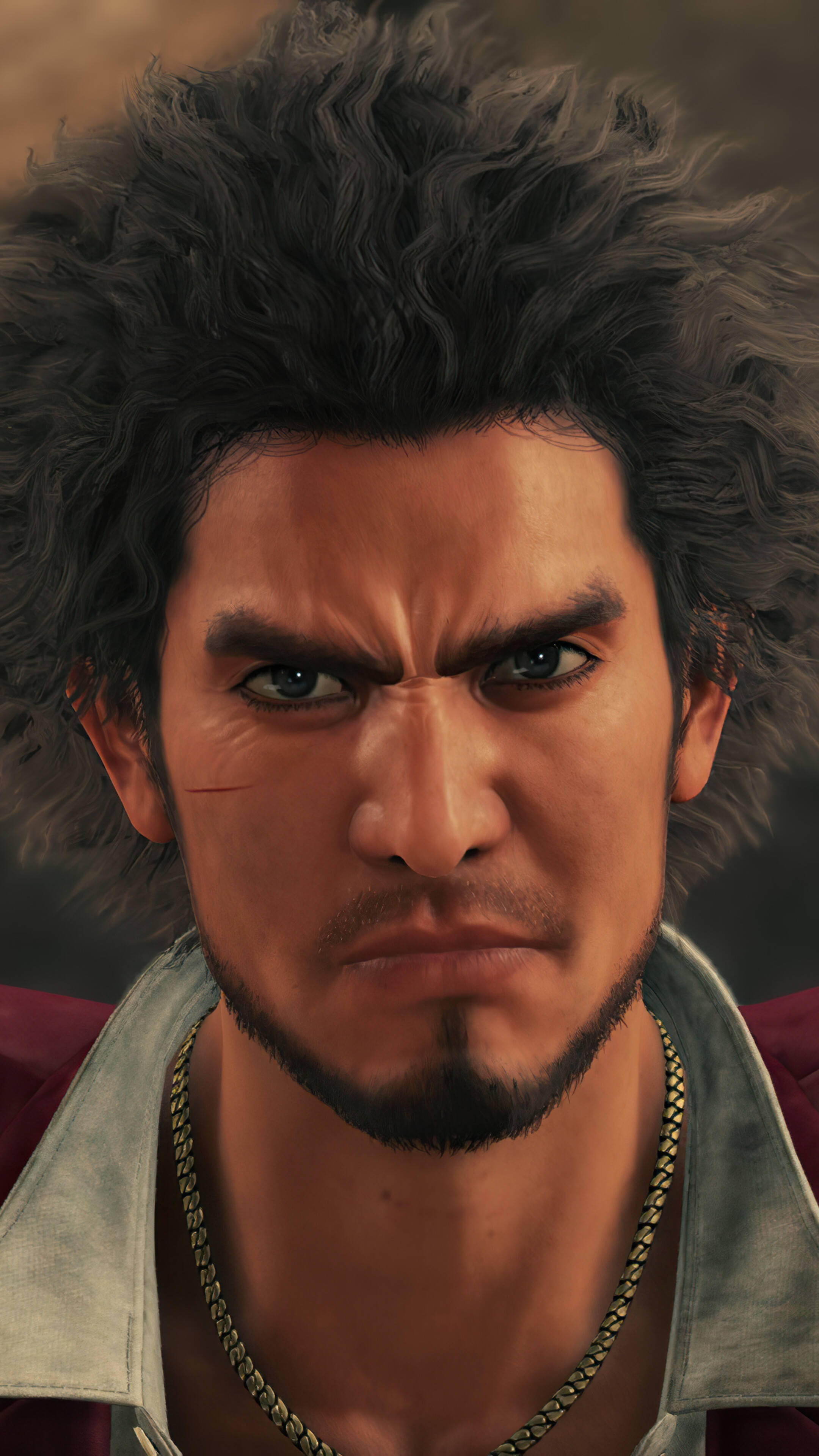Majima Goro, red jacket, curly hair, 4K Phone Wallpaper