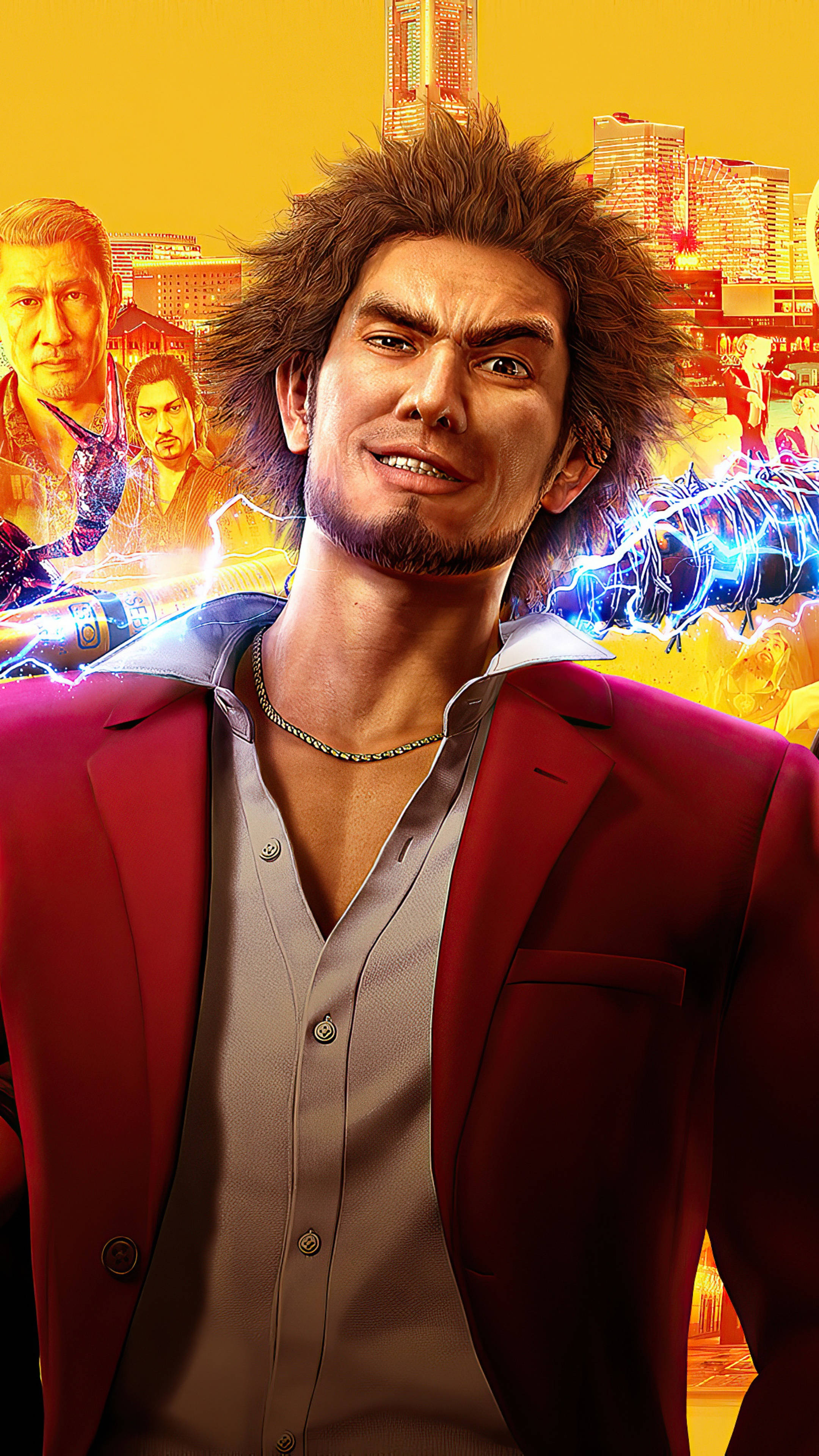 Majima Goro, red jacket, neon-lit cityscape, 4K Phone Wallpaper
