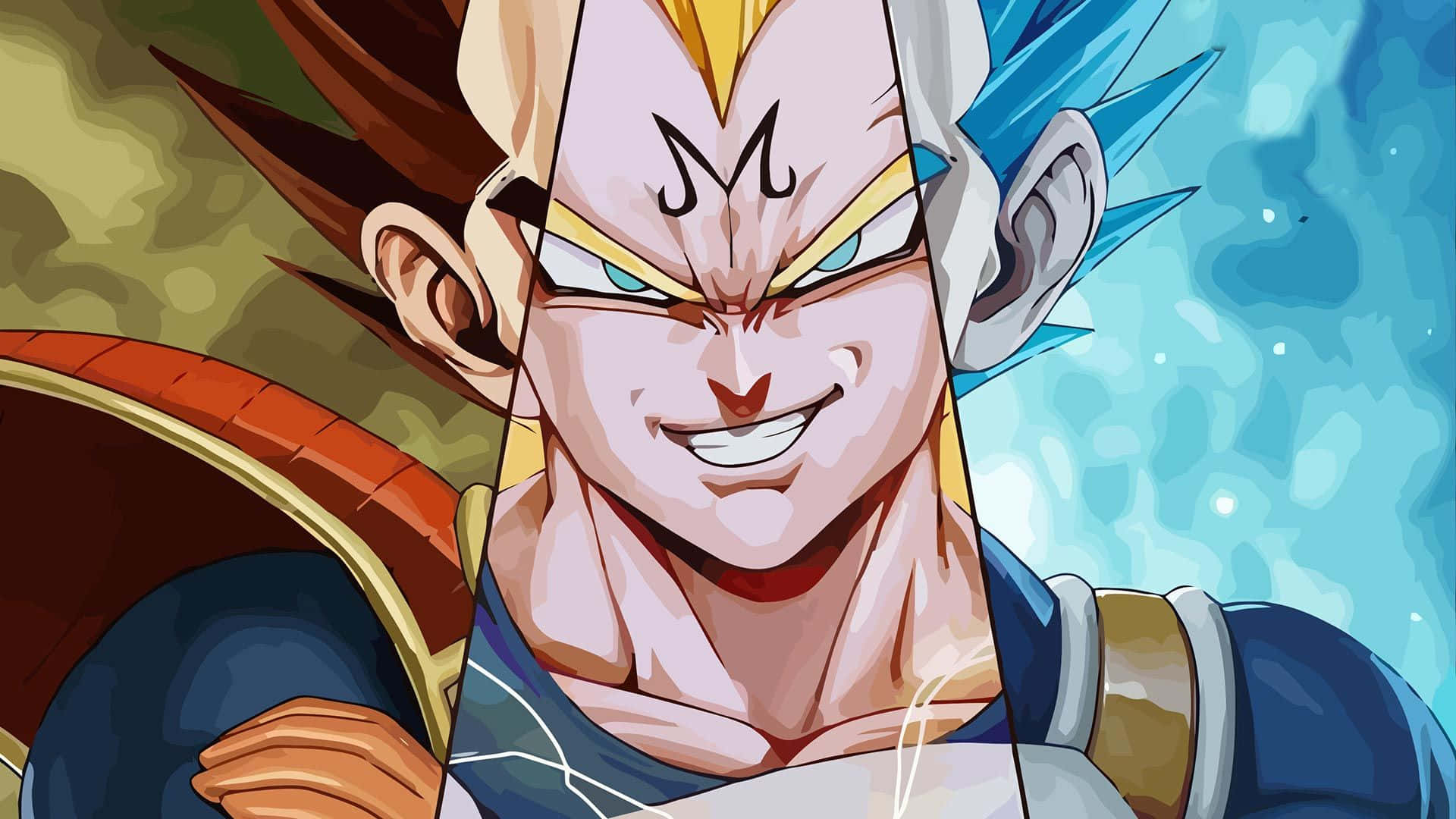 Majin Vegeta, spiky blue and gold hair, glowing eyes, Full HD Desktop Wallpaper