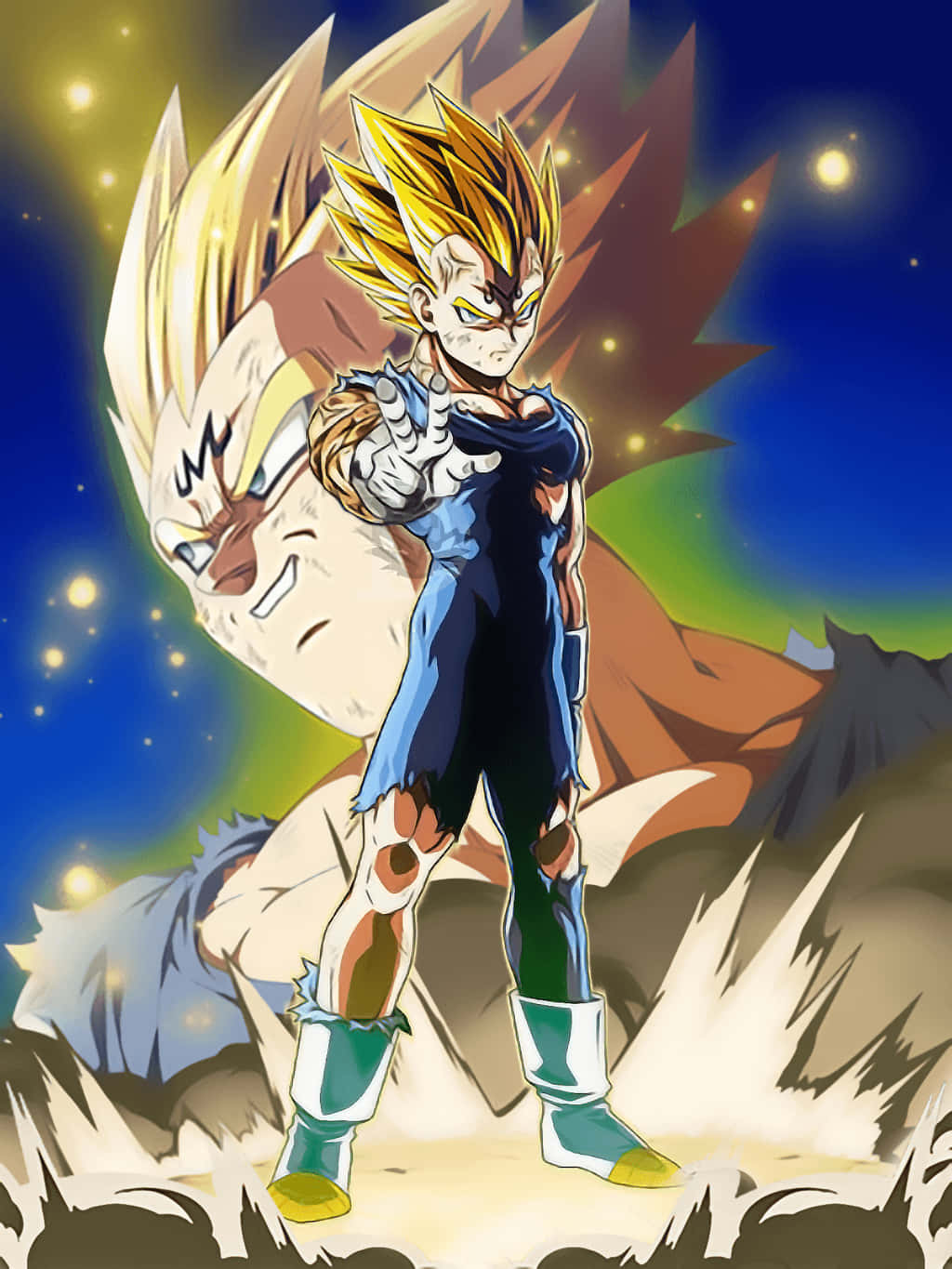 Majin Vegeta, spiky golden hair, cosmic backdrop, HD Phone Wallpaper