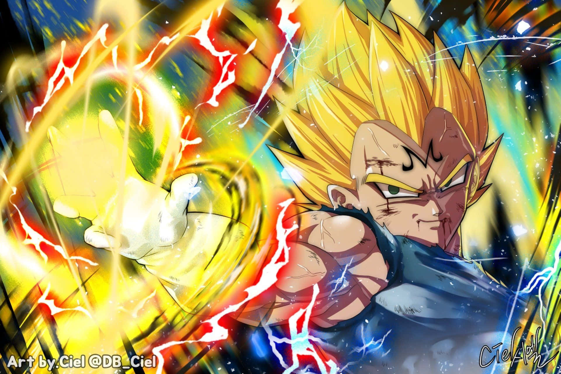 Majin Vegeta, spiky golden hair, blazing energy sphere, Full HD Desktop Wallpaper