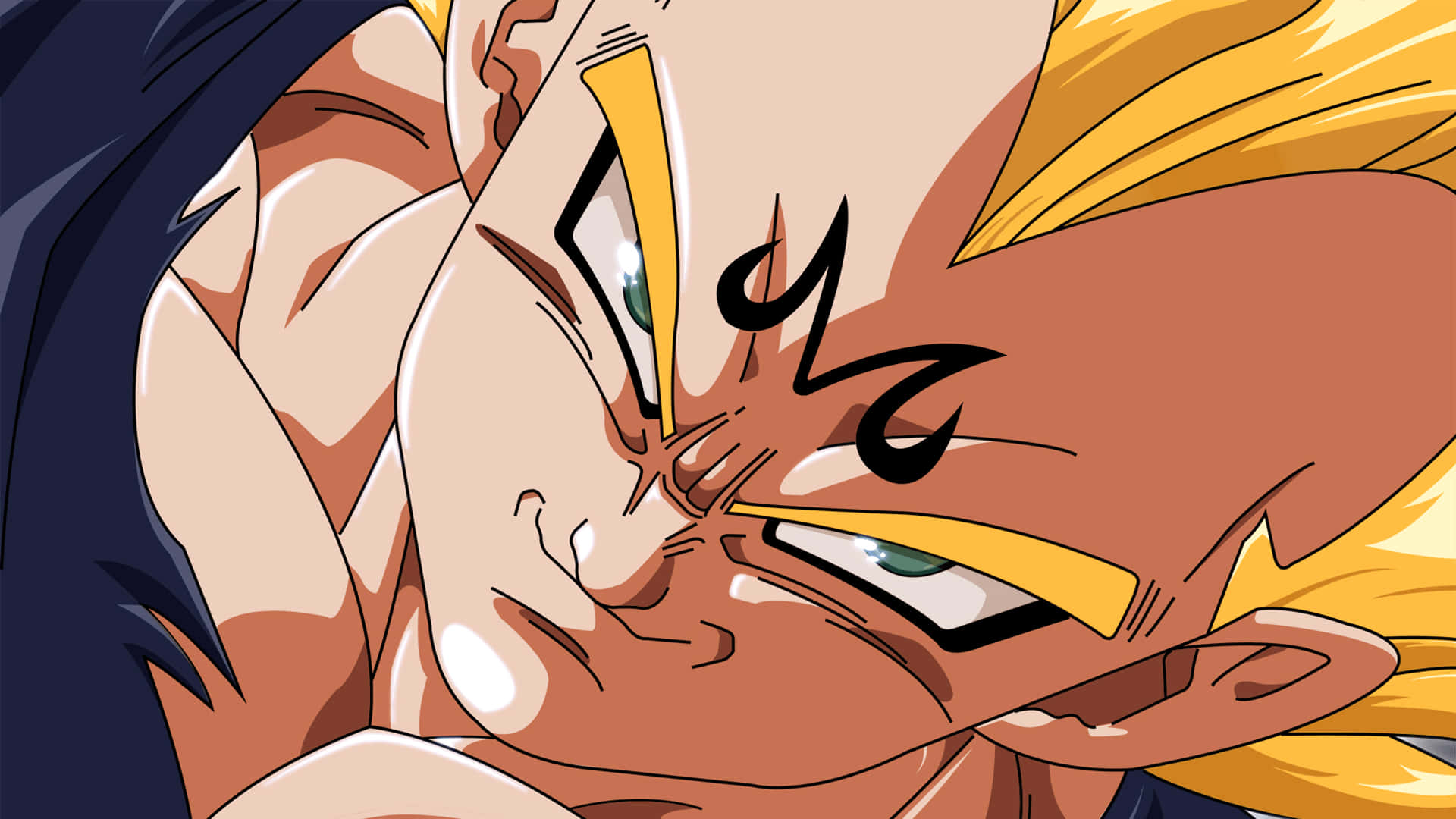 Majin Vegeta, spiky blonde hair, intense green eyes, Full HD Desktop Wallpaper
