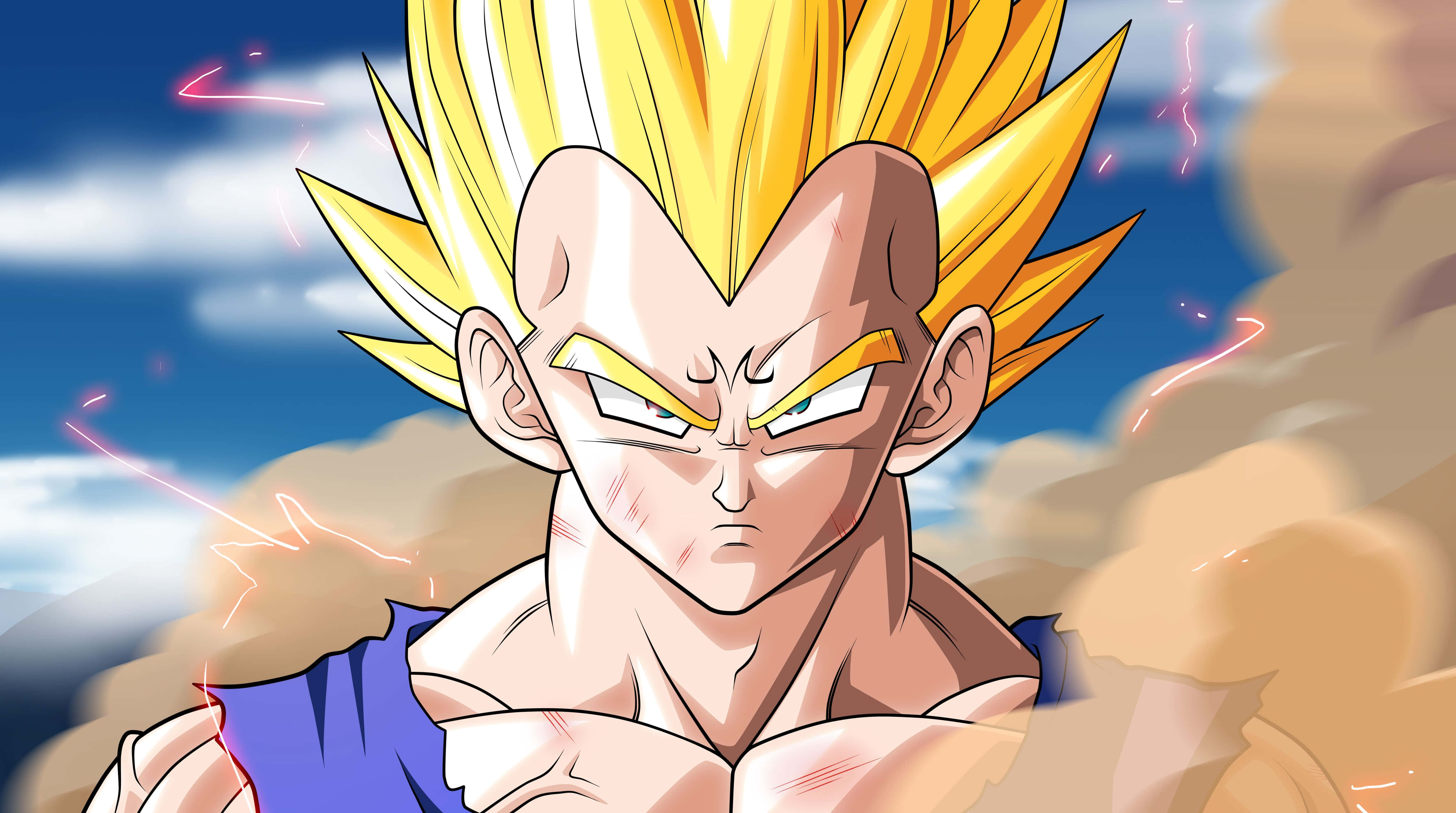 Majin Vegeta, spiky golden hair, glowing eyes, 4K Desktop Wallpaper