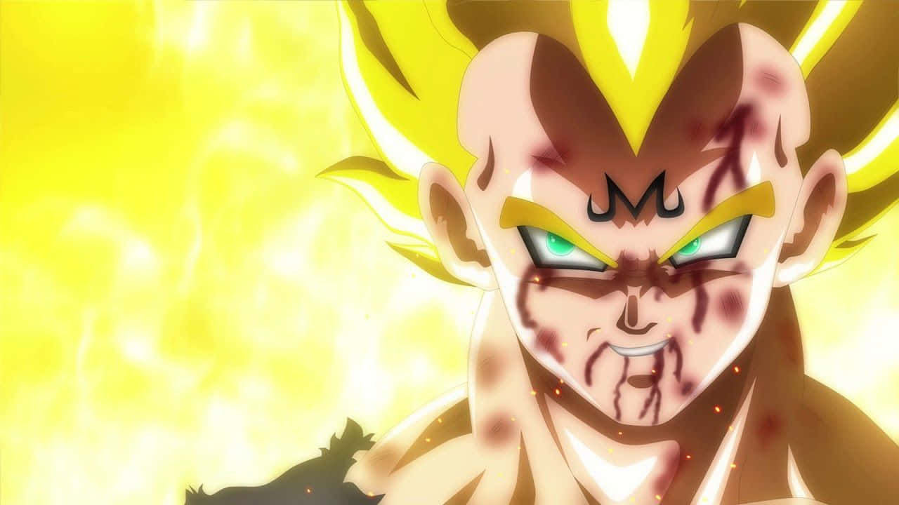 Majin Vegeta, spiky golden hair, glowing green eyes, HD Desktop Wallpaper