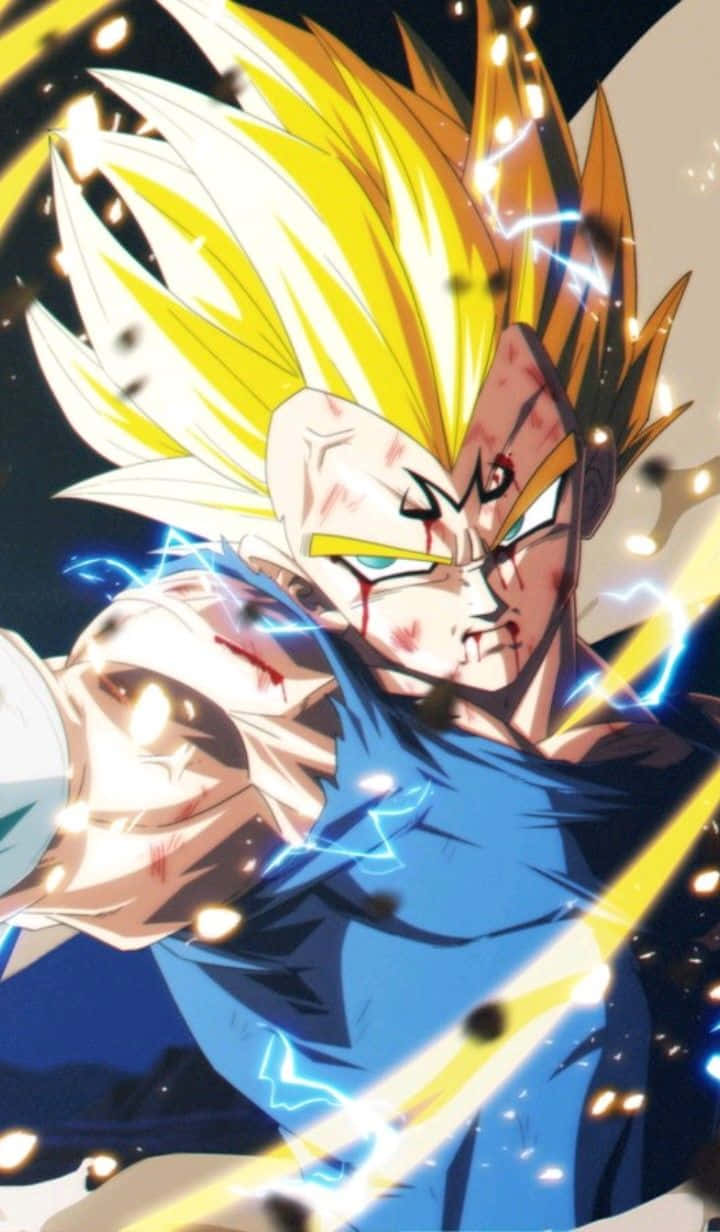 Majin Vegeta, spiky golden hair, glowing blue energy blasts, SD Phone Wallpaper