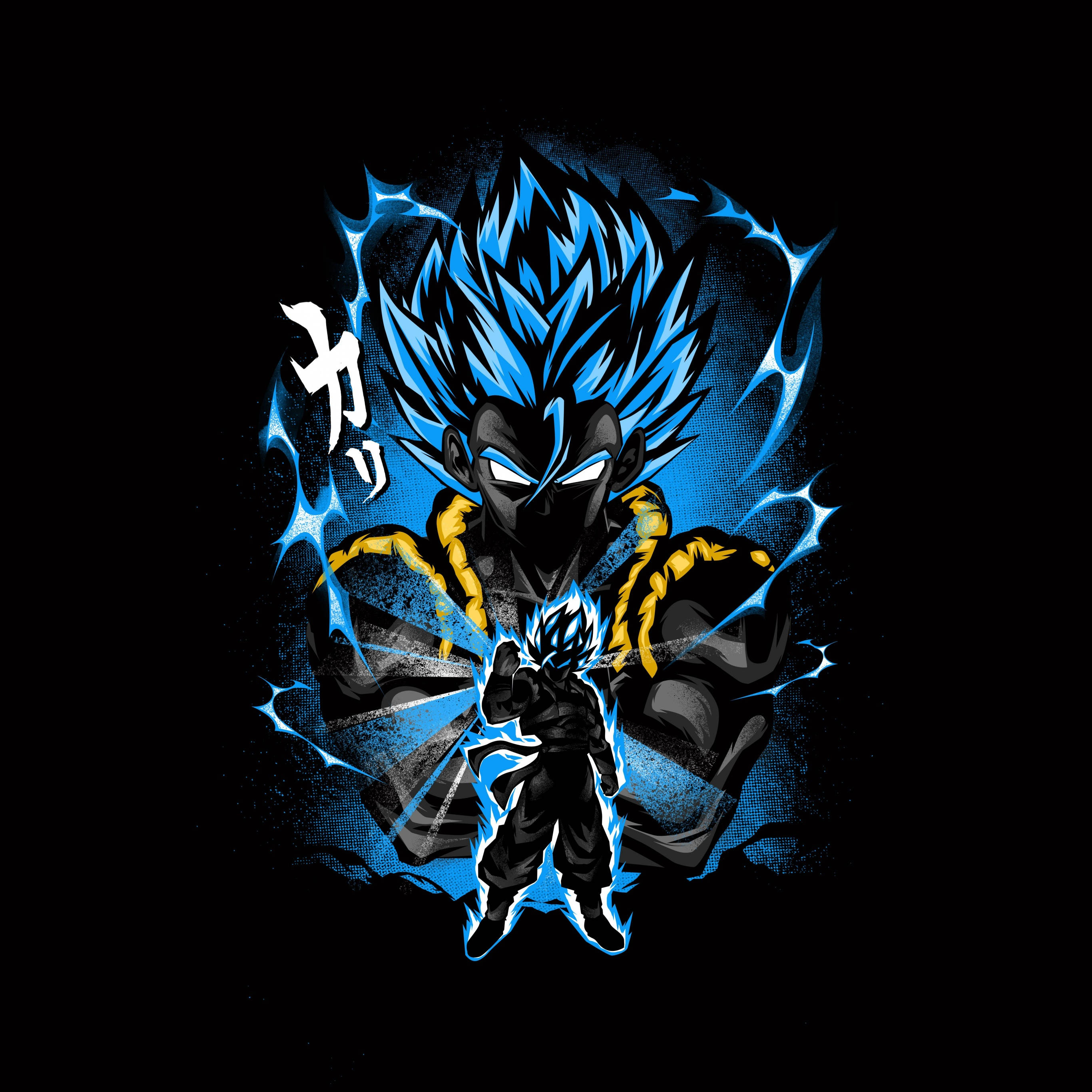 Dark Vegeta, blue-haired anime warrior, glowing eyes, 2K Desktop Wallpaper