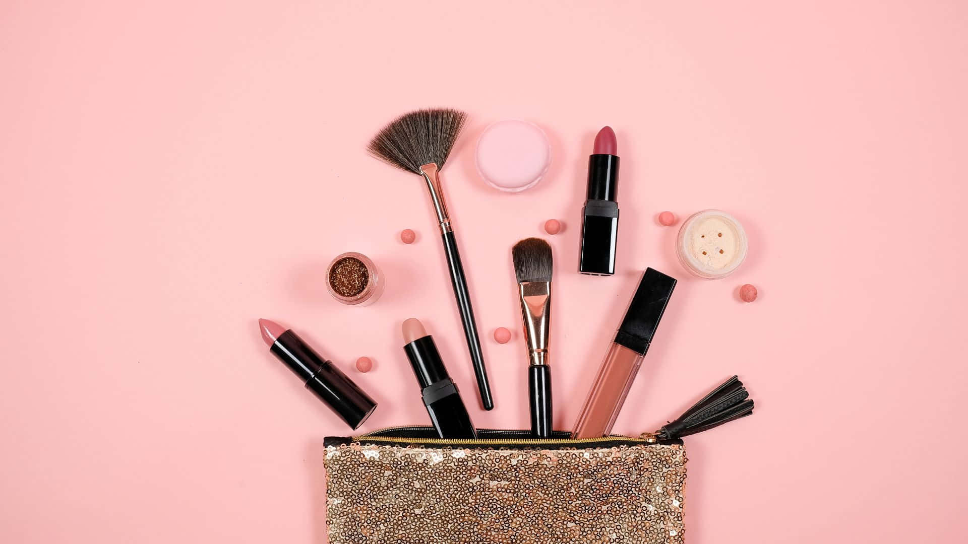 pink makeup, glittery makeup bag, brushes, Full HD Desktop Wallpaper