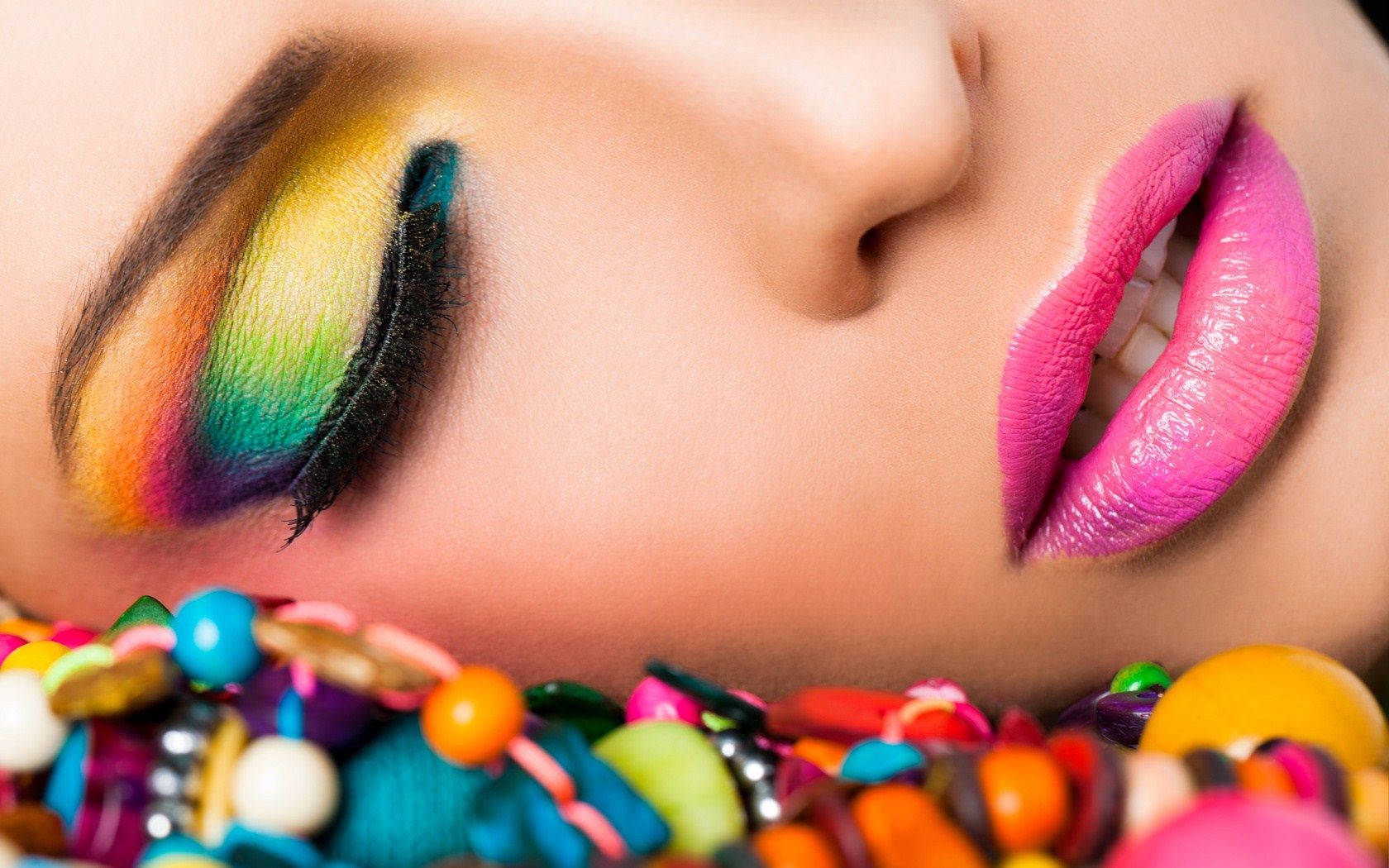 rainbow eyeshadow, pink lips, colorful candies, HD Desktop Wallpaper