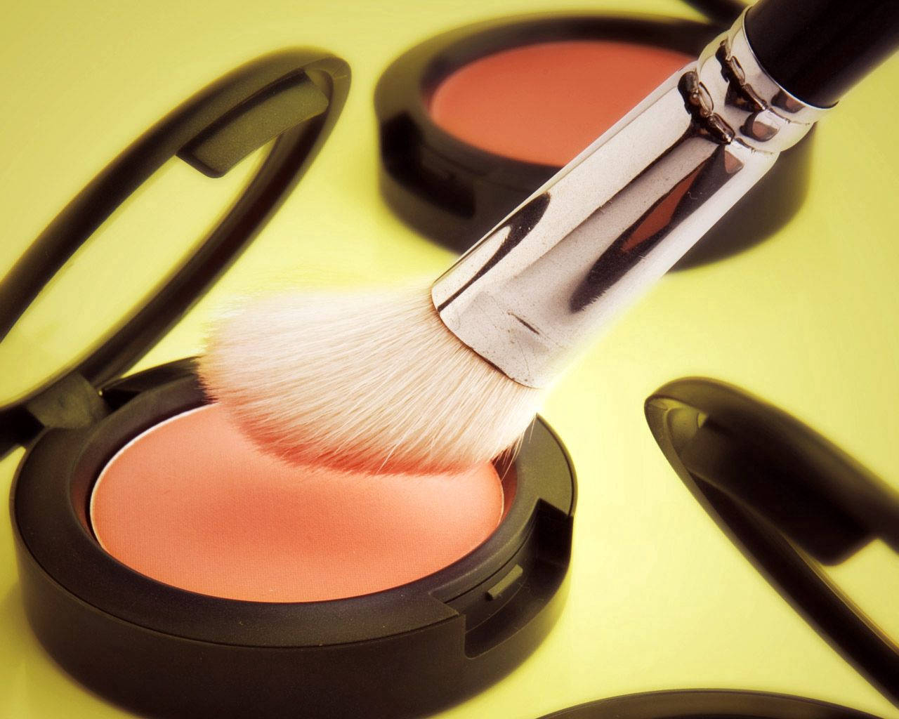 makeup brush, peachy blush powder, vibrant yellow background, HD Desktop Wallpaper