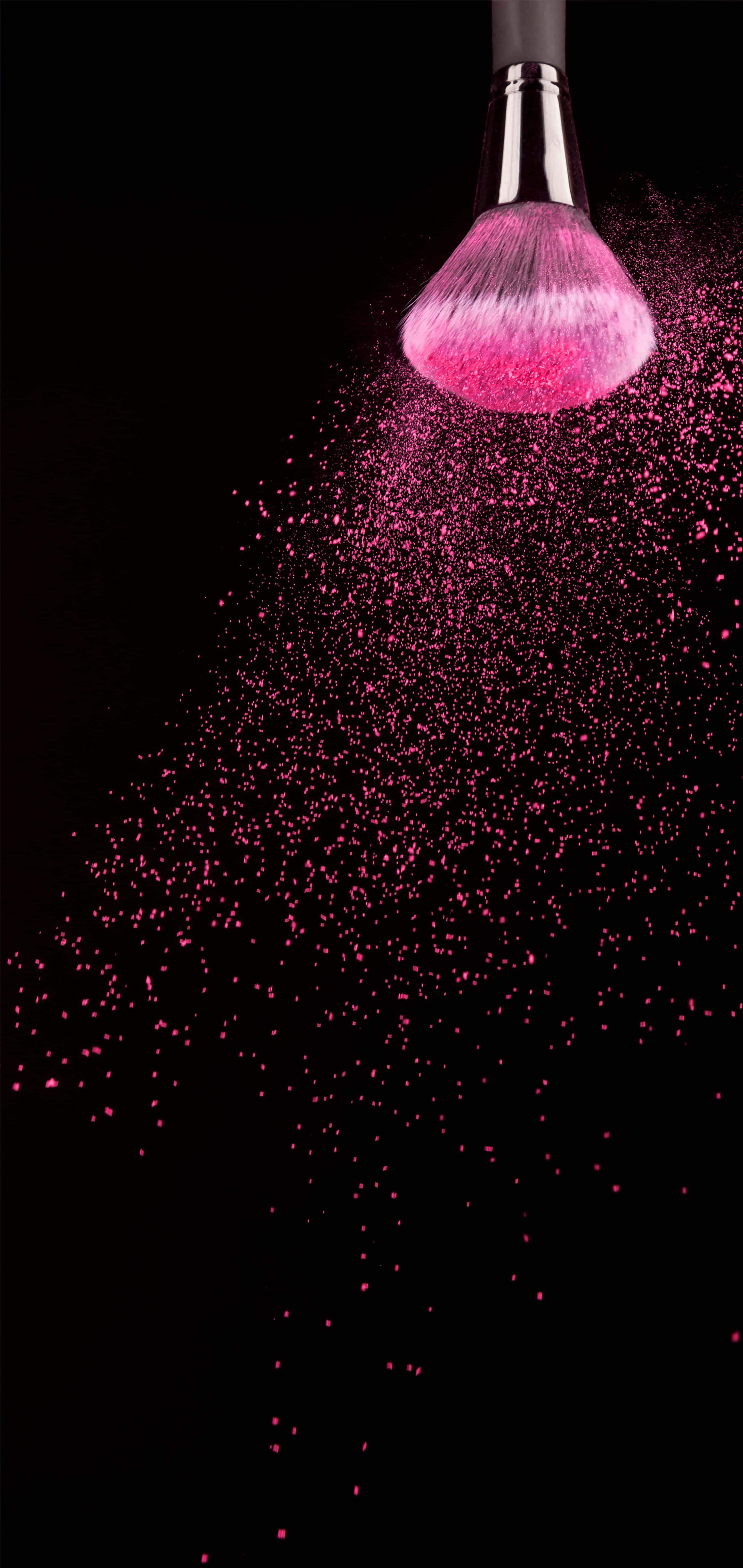 makeup brush, sparkling pink glitter, stark black background, 5K Phone Wallpaper