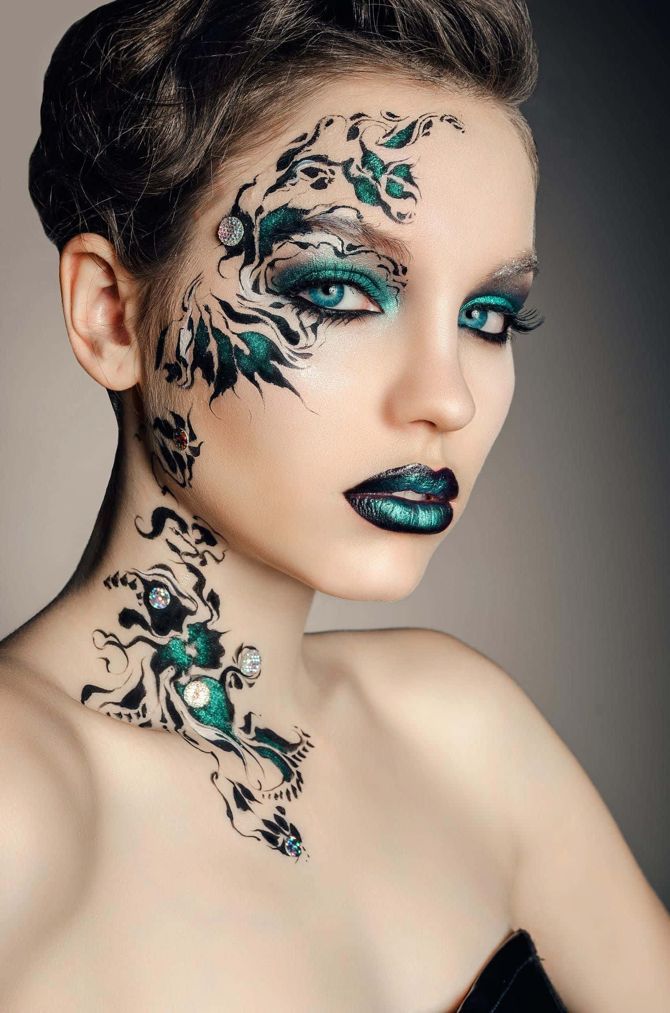 teal, black, floral makeup, Full HD Phone Wallpaper