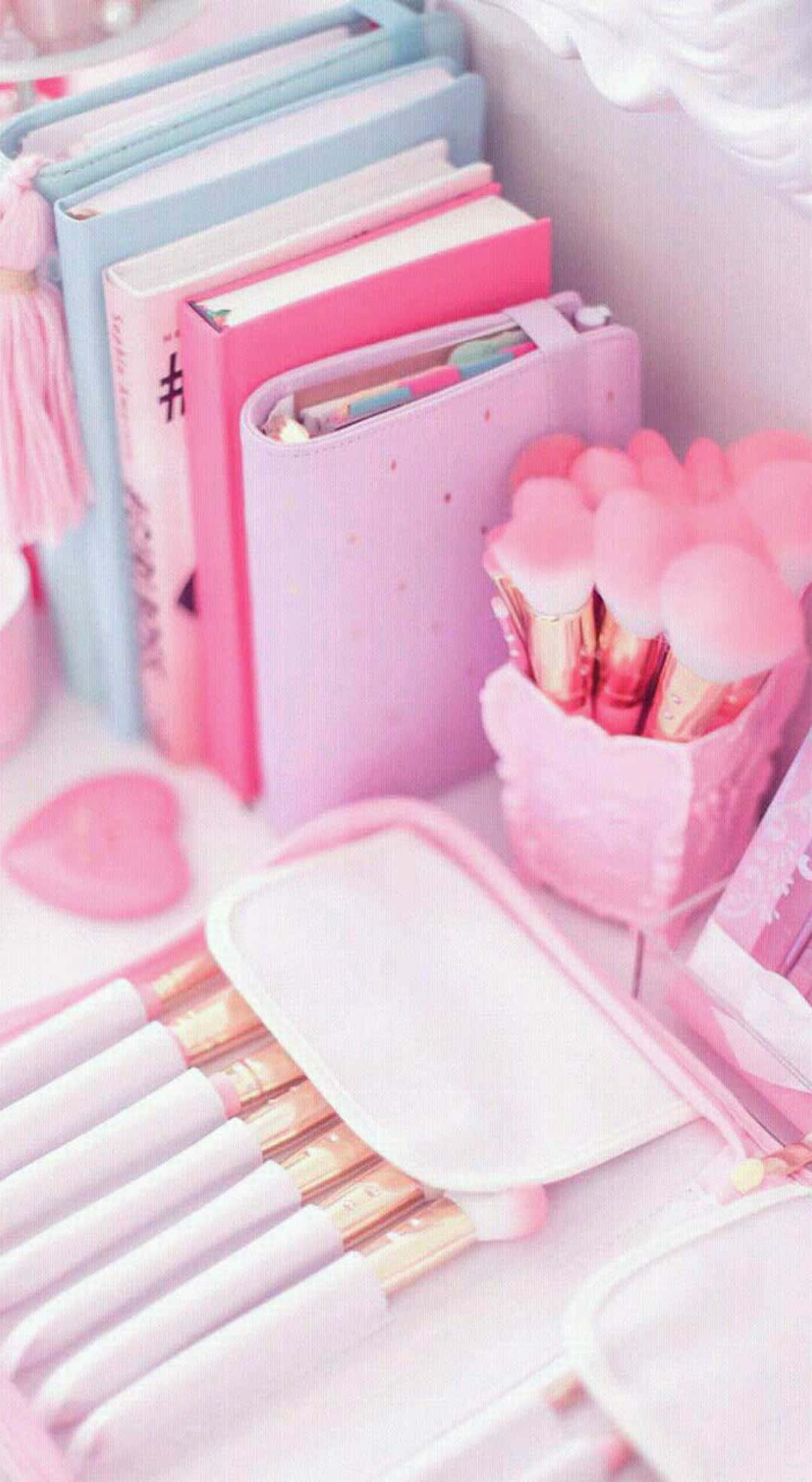 pastel pink, vanity setup, makeup brushes, Full HD Phone Wallpaper