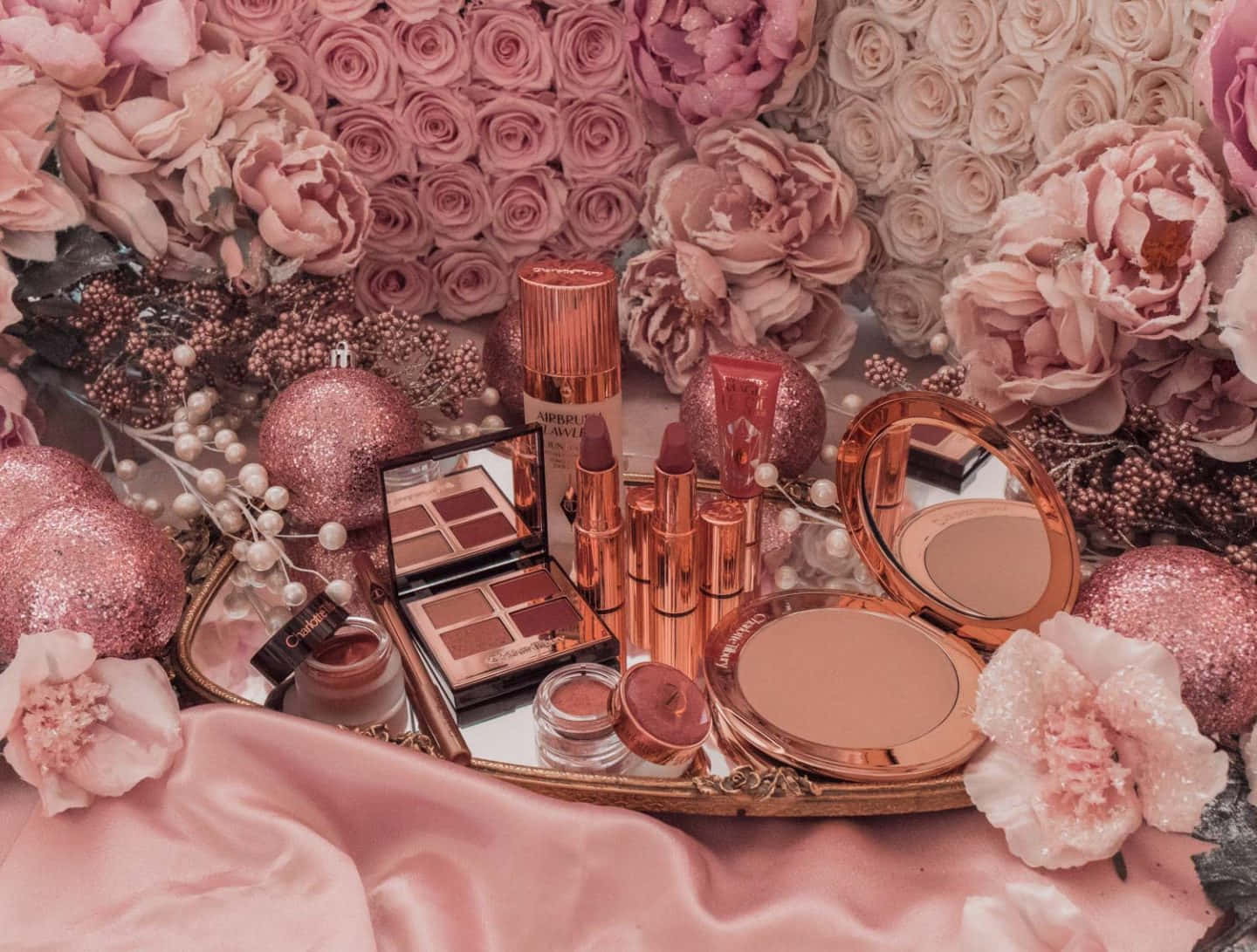 rose gold, mirrored tray, pink roses, HD Desktop Wallpaper