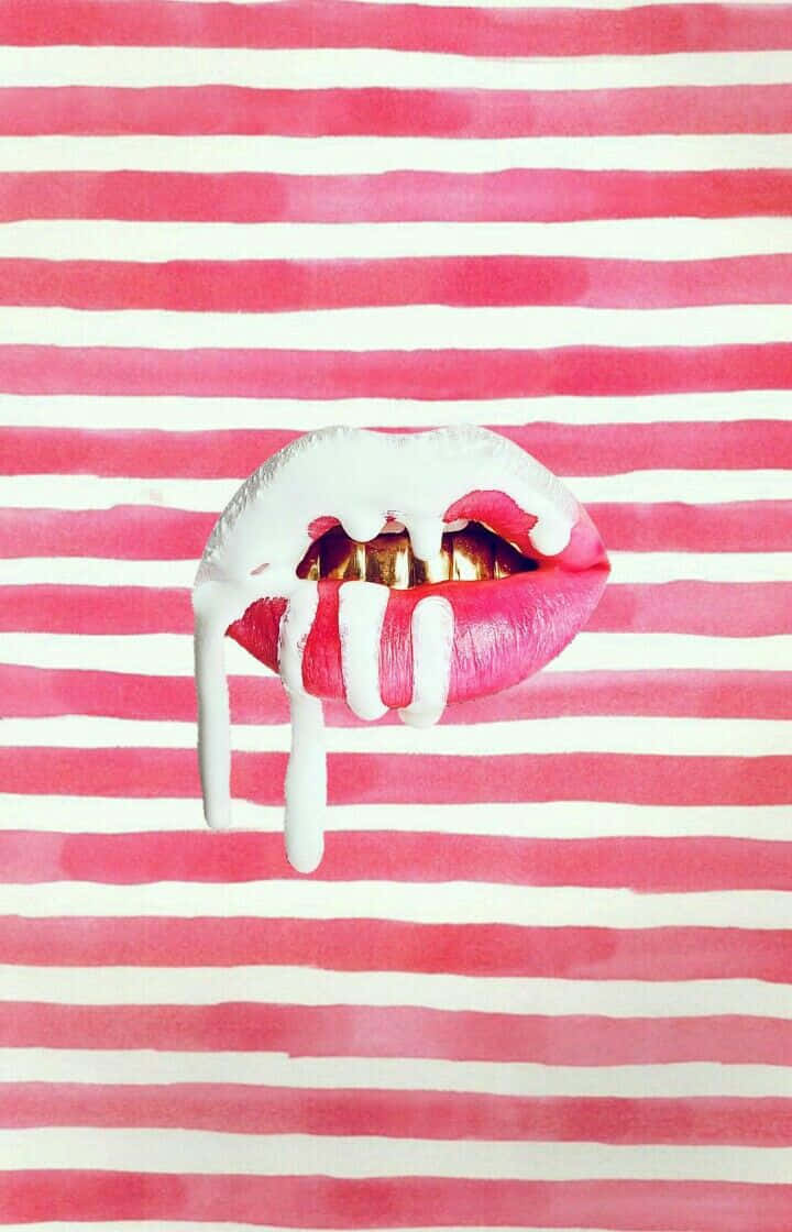 glossy pink lips, white paint dripping, bold pink and white striped background, SD Phone Wallpaper