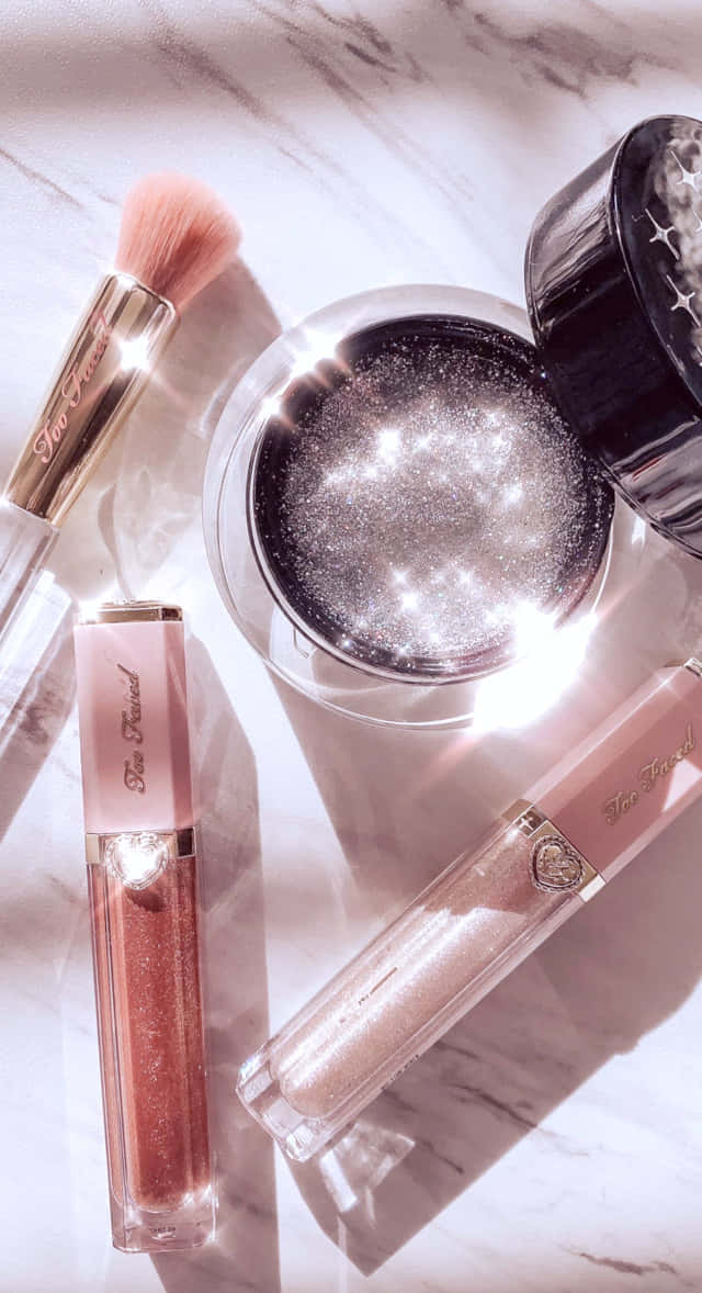 glitter powder, lip gloss, marble surface, SD Phone Wallpaper