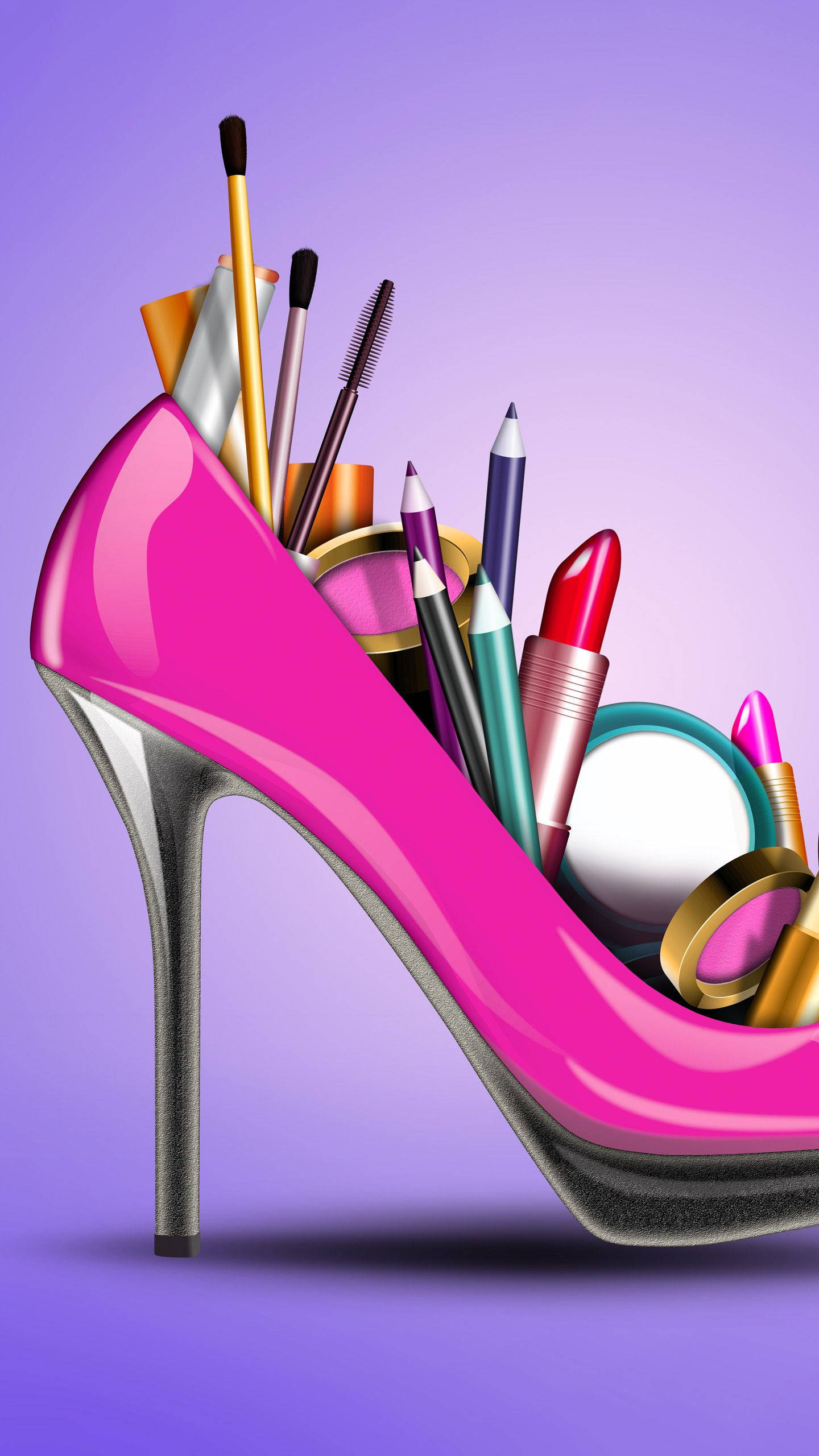 pink heel, glossy pink high heel shoe, colorful makeup brushes, 2K Phone Wallpaper