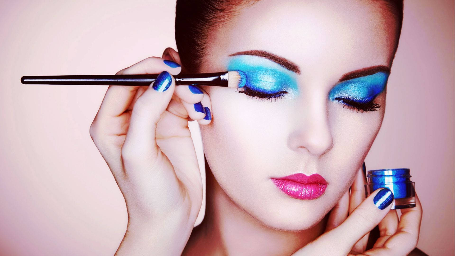 blue eyeshadow, pink lips, makeup brush, Full HD Desktop Wallpaper