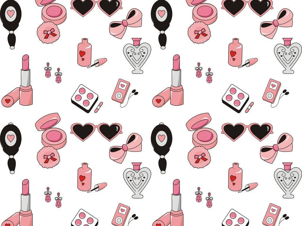cute glam kit pattern, pink and black cartoon cosmetics, lipsticks, SD Desktop Wallpaper