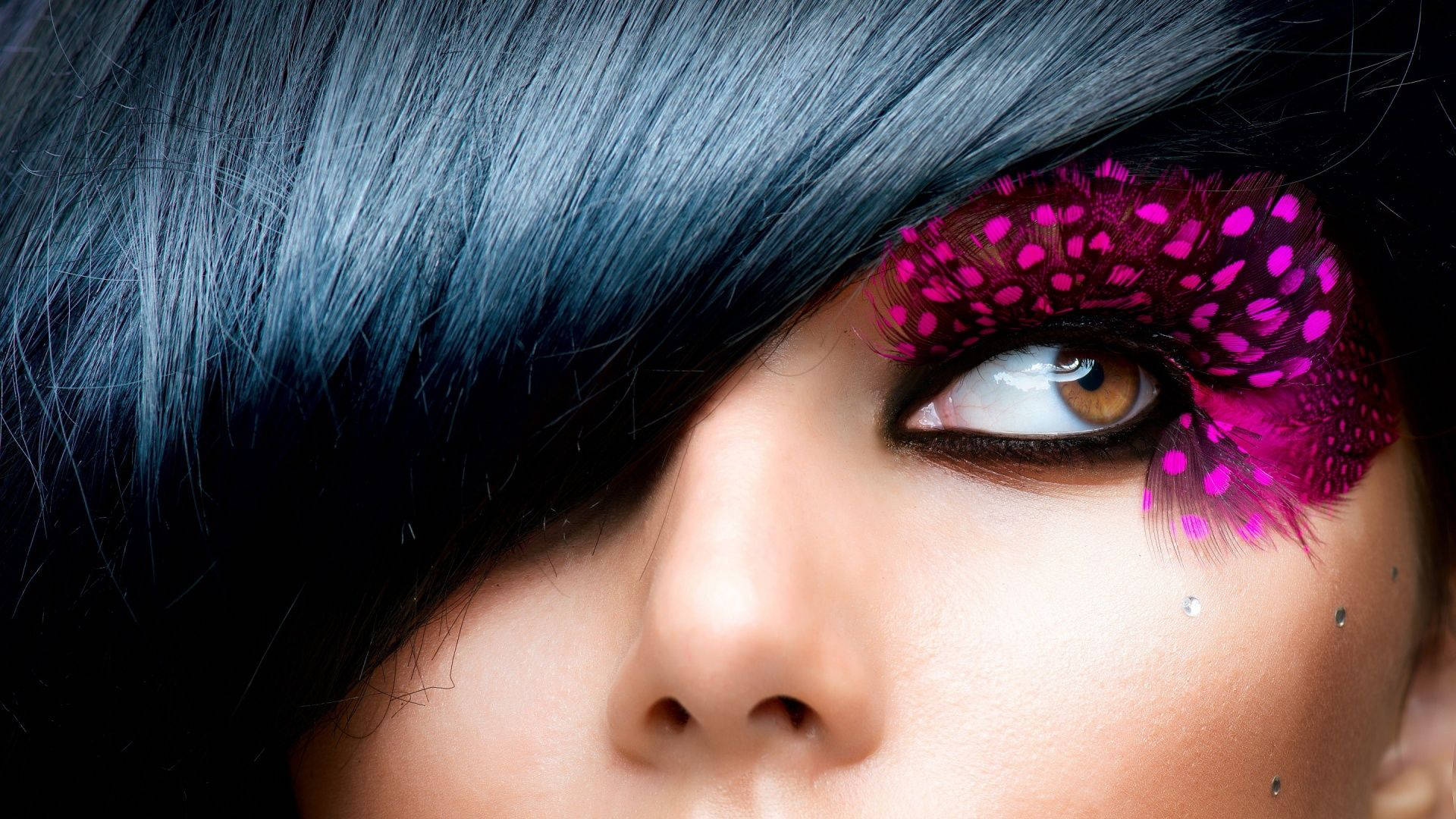 dark blue hair, vibrant pink feathered eye makeup, brown eye, Full HD Desktop Wallpaper