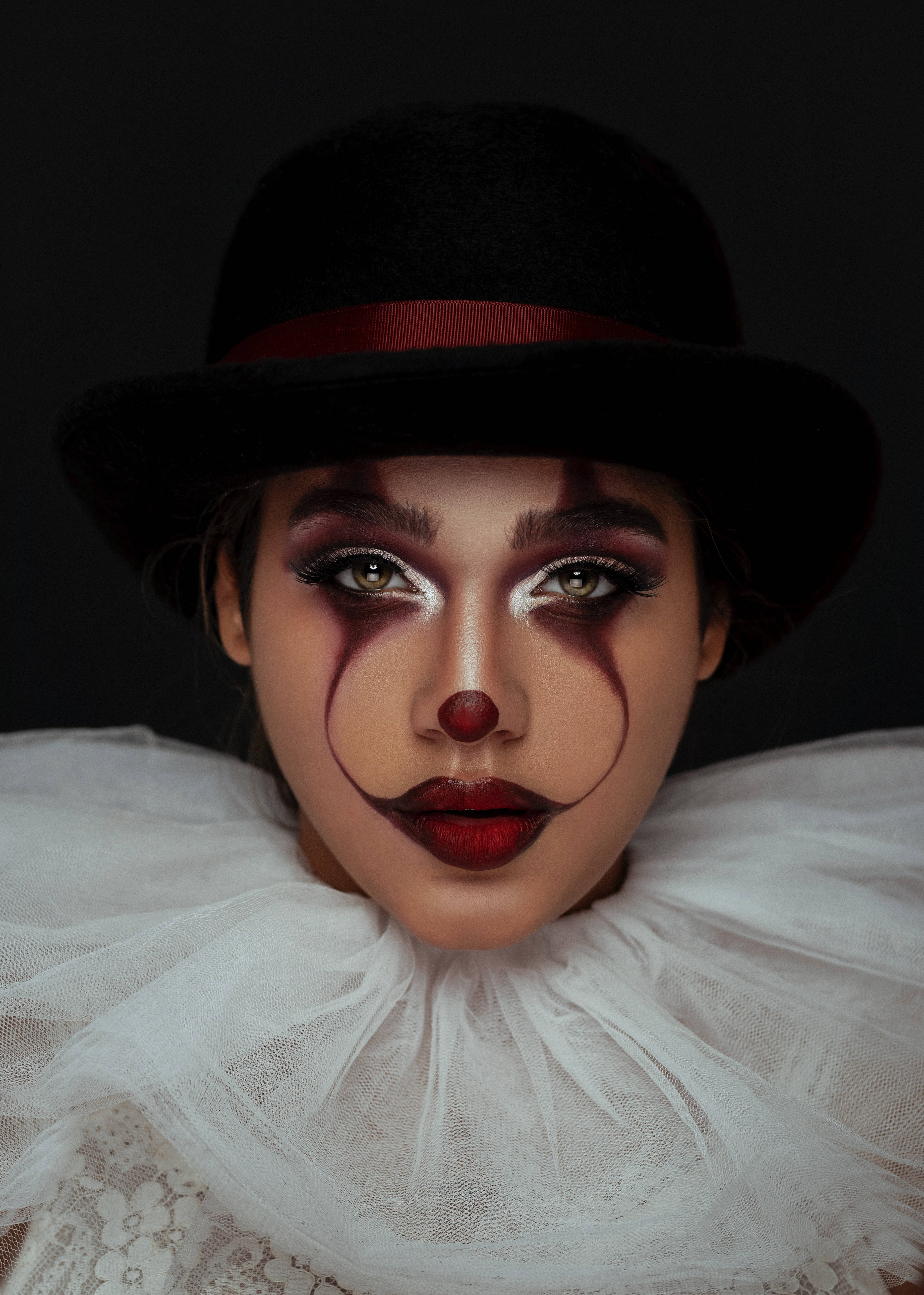 clown makeup, black bowler hat, dark background, 5K Phone Wallpaper