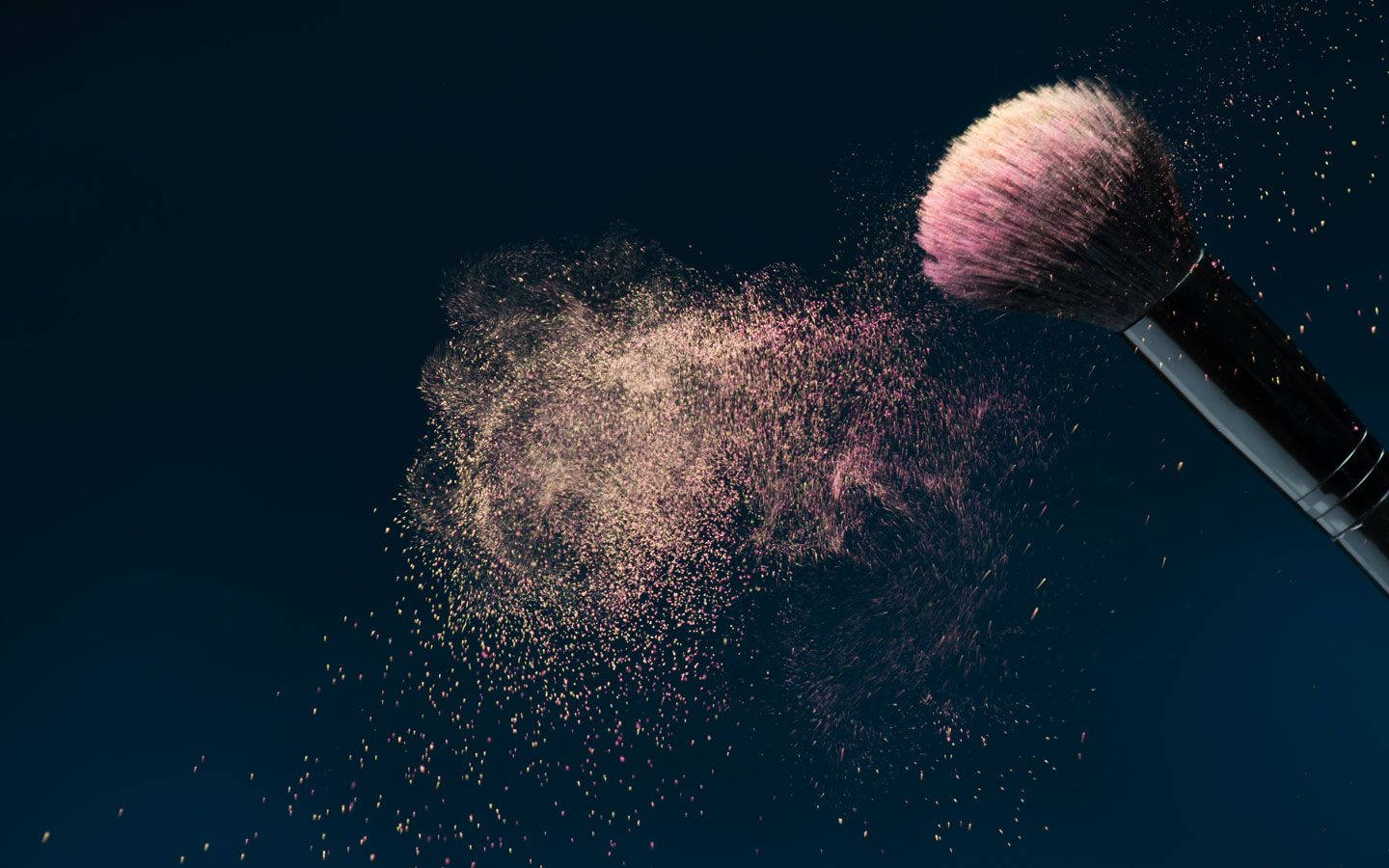 makeup brush, pink and gold powder, deep blue background, HD Desktop Wallpaper