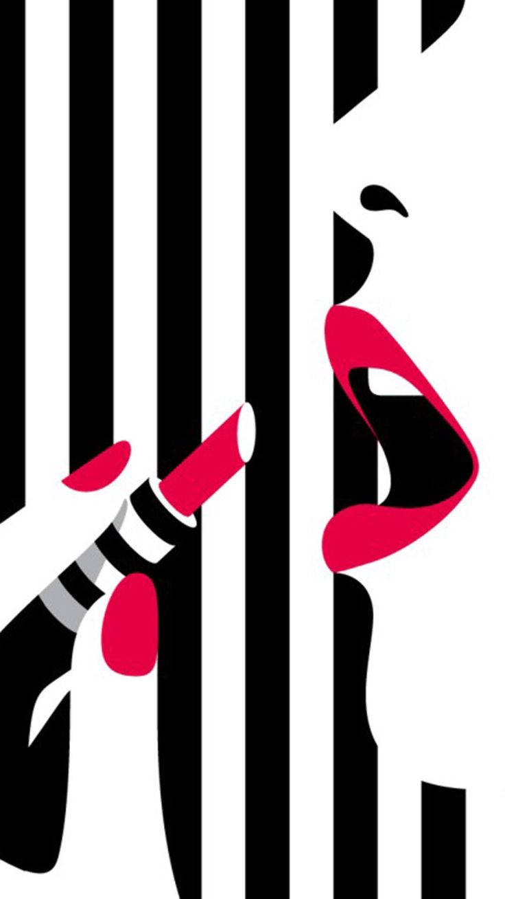 red lipstick, stylized lips, black and white vertical stripes, HD Phone Wallpaper