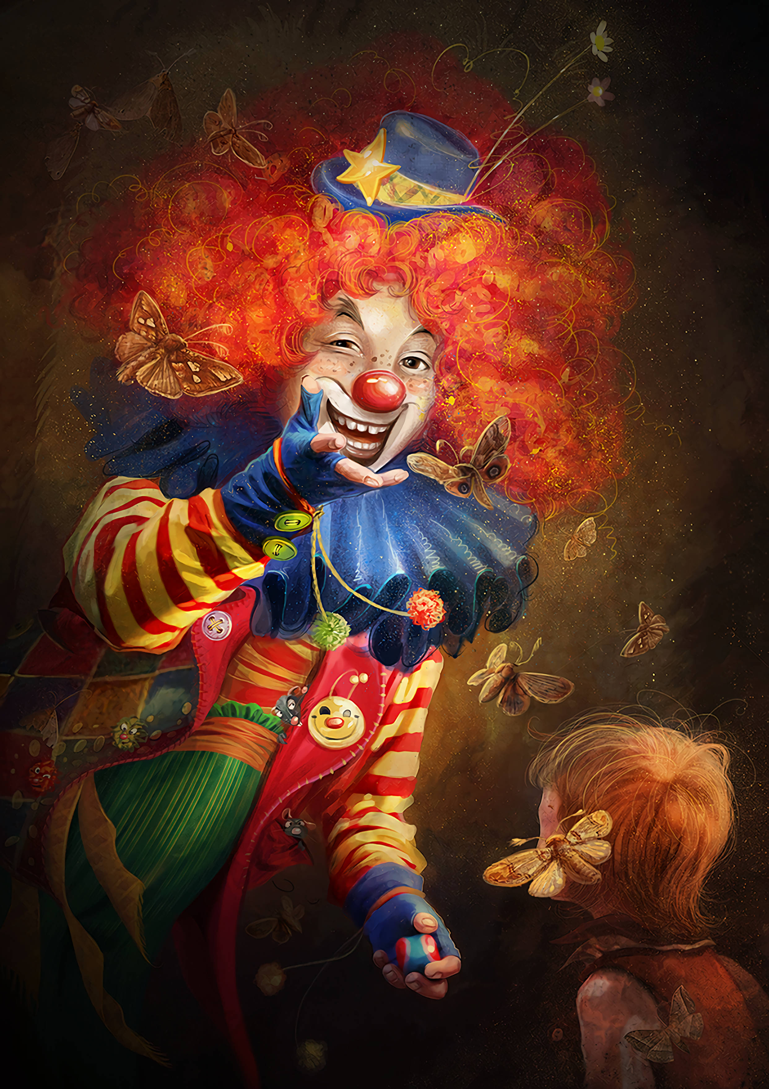 clown, red hair, butterfly, 2K Phone Wallpaper