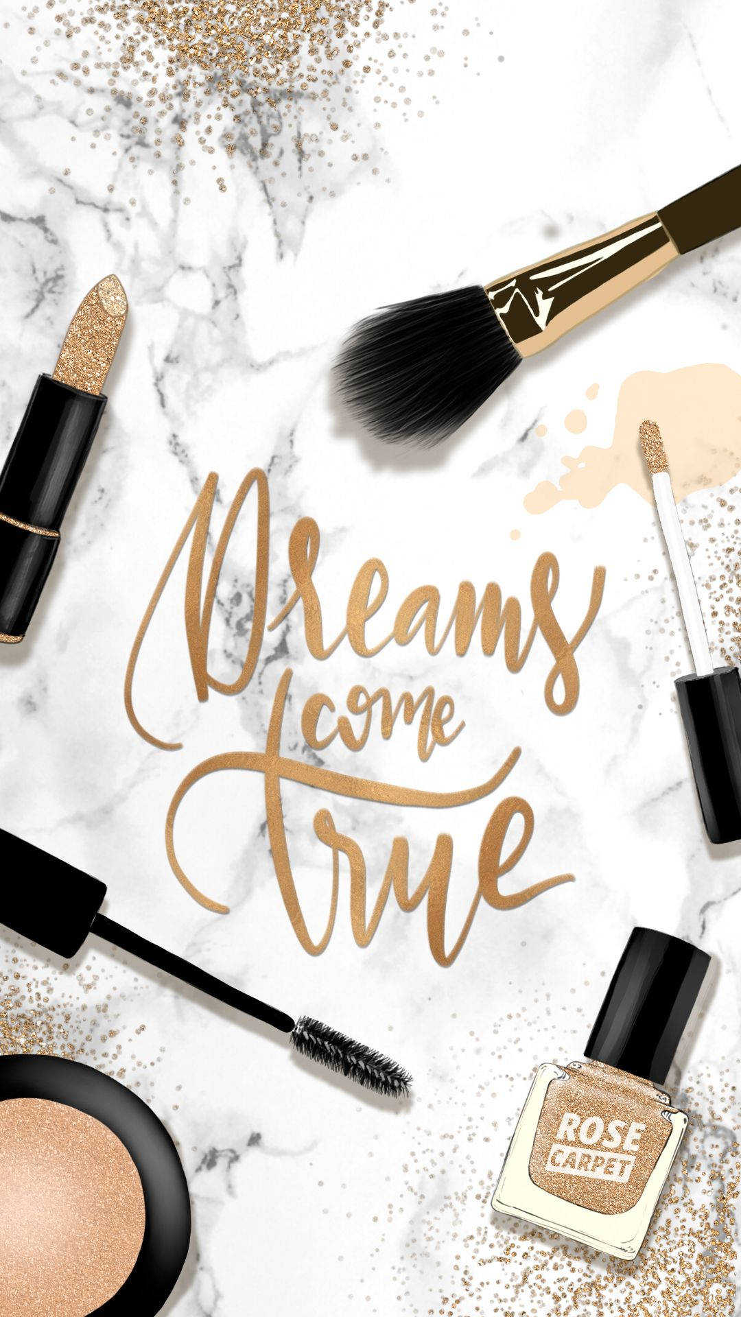 Dreams come true, golden glitter, makeup tools, Full HD Phone Wallpaper