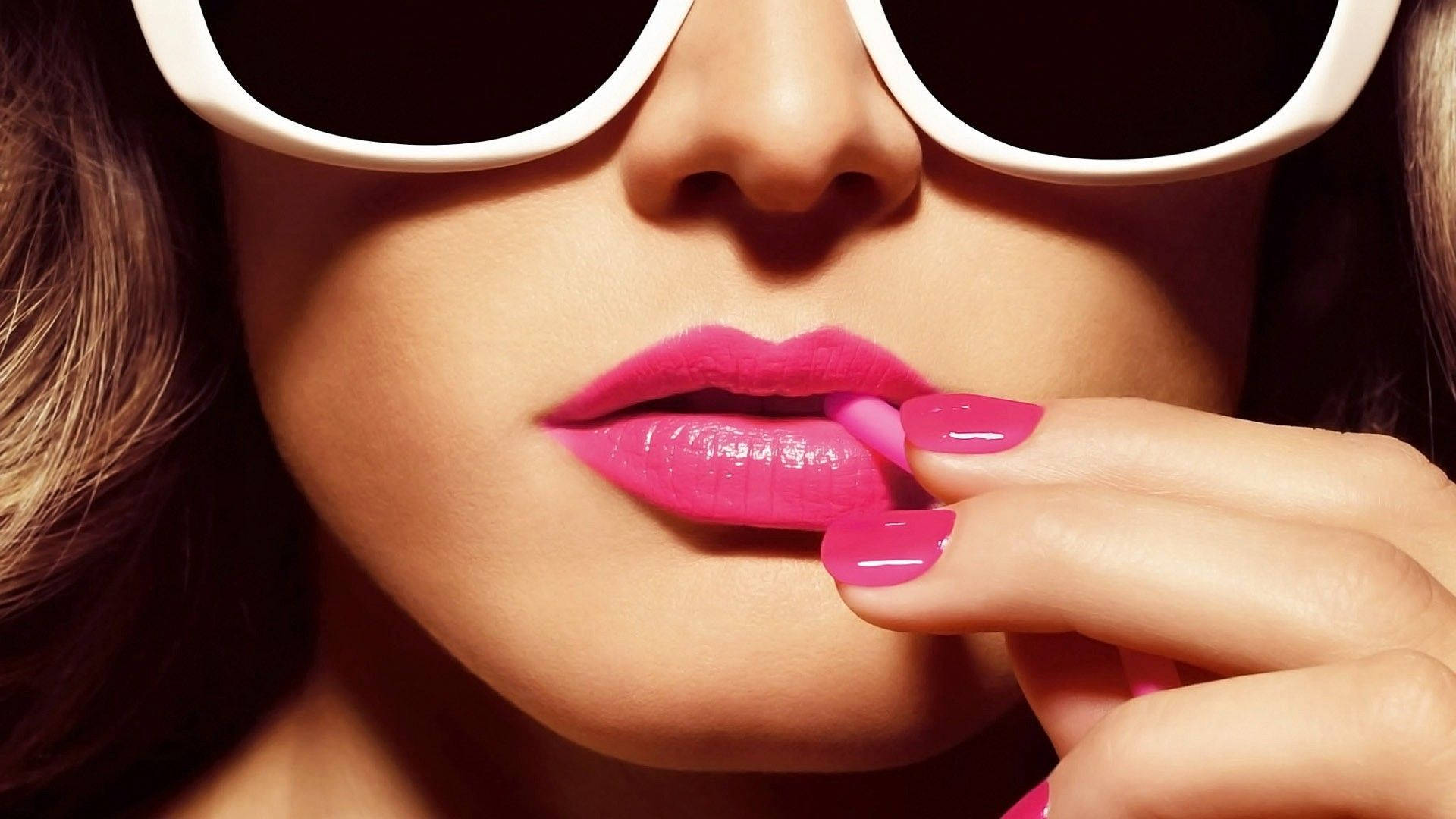 fuchsia pink, white sunglasses, bright pink lipstick, Full HD Desktop Wallpaper