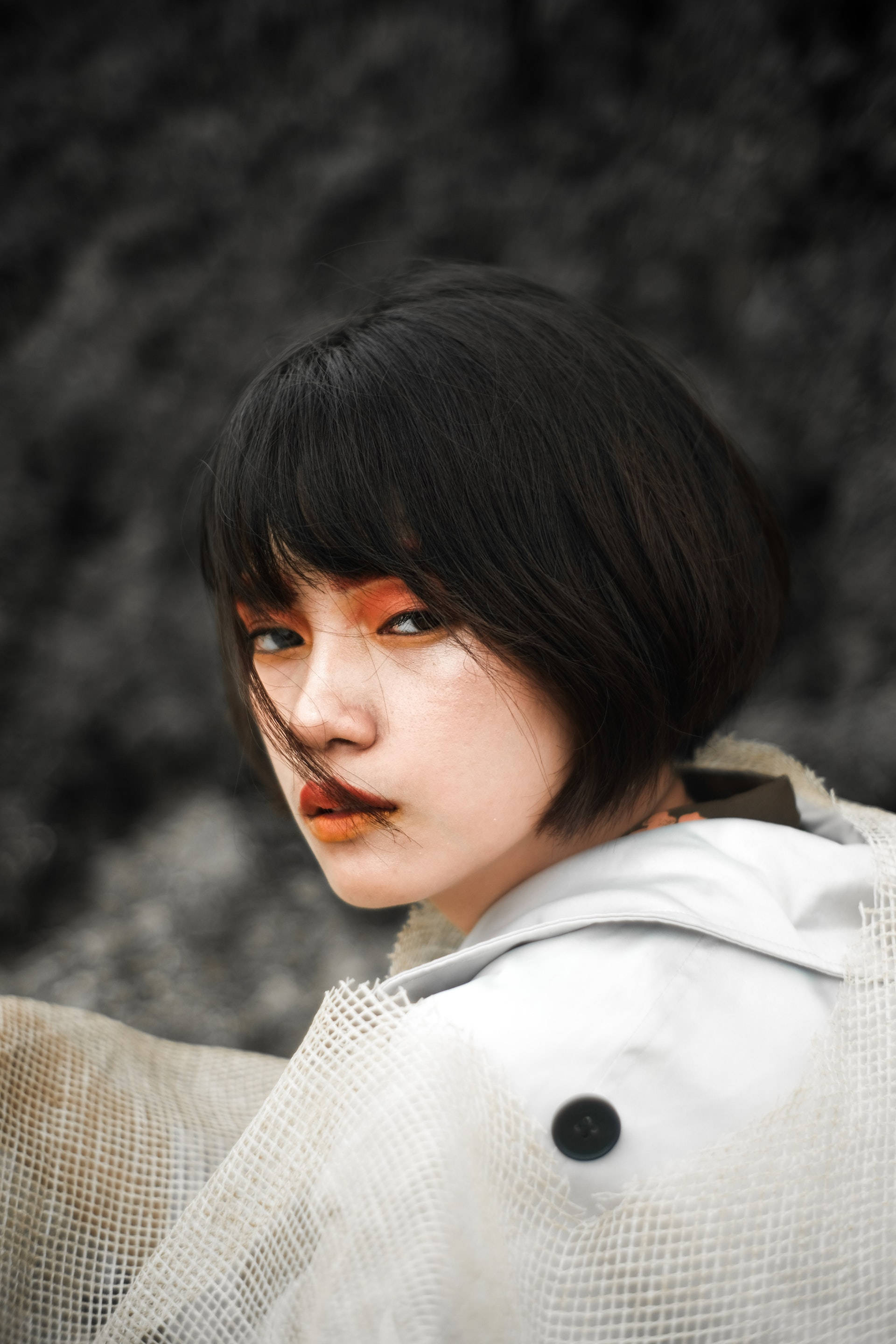 Asian woman, orange makeup, short black hair, 2K Phone Wallpaper