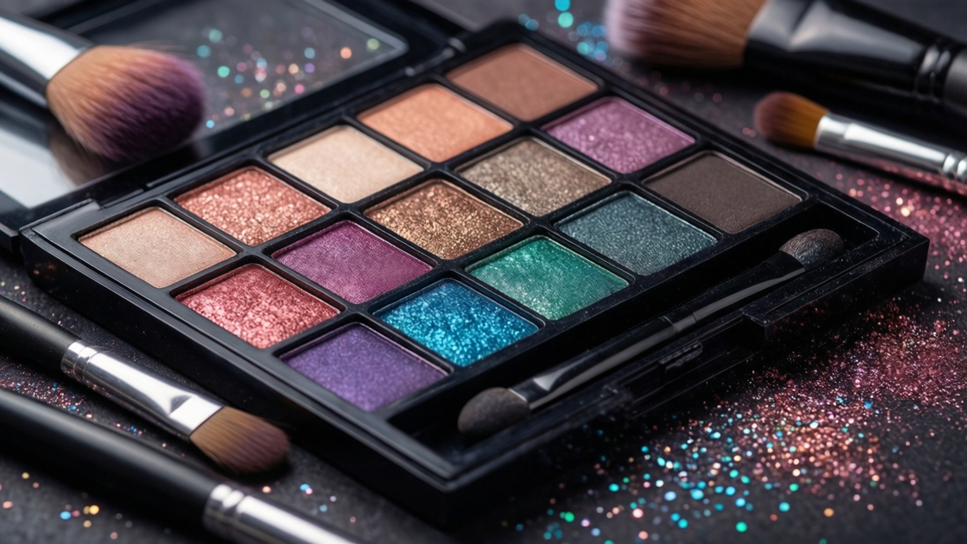 black eyeshadow palette, glittery shades of pink purple blue and green, makeup brushes, Full HD Desktop Wallpaper