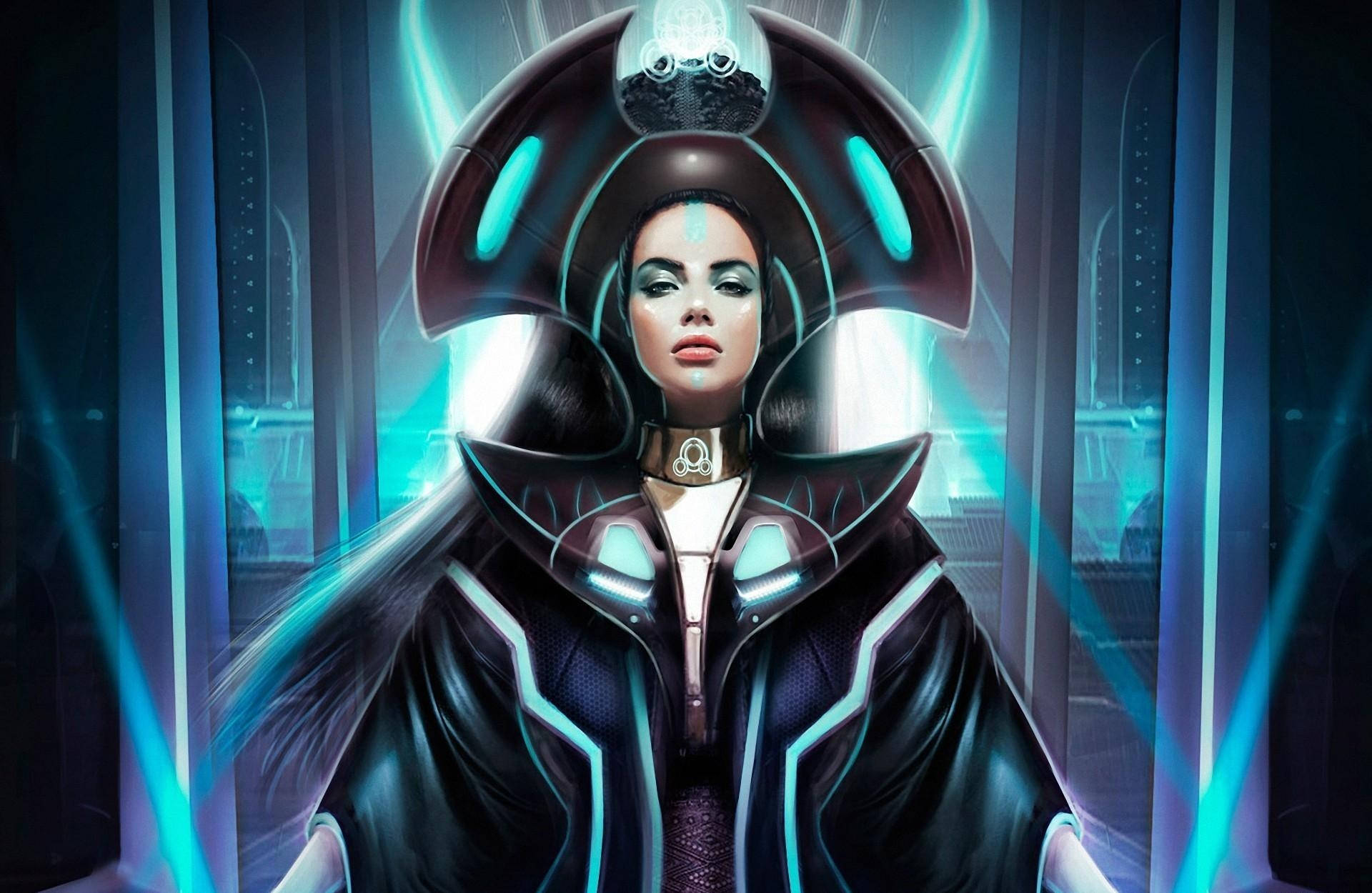 goddess, cybernetic helmet, neon-lit sci-fi chamber, Full HD Desktop Wallpaper