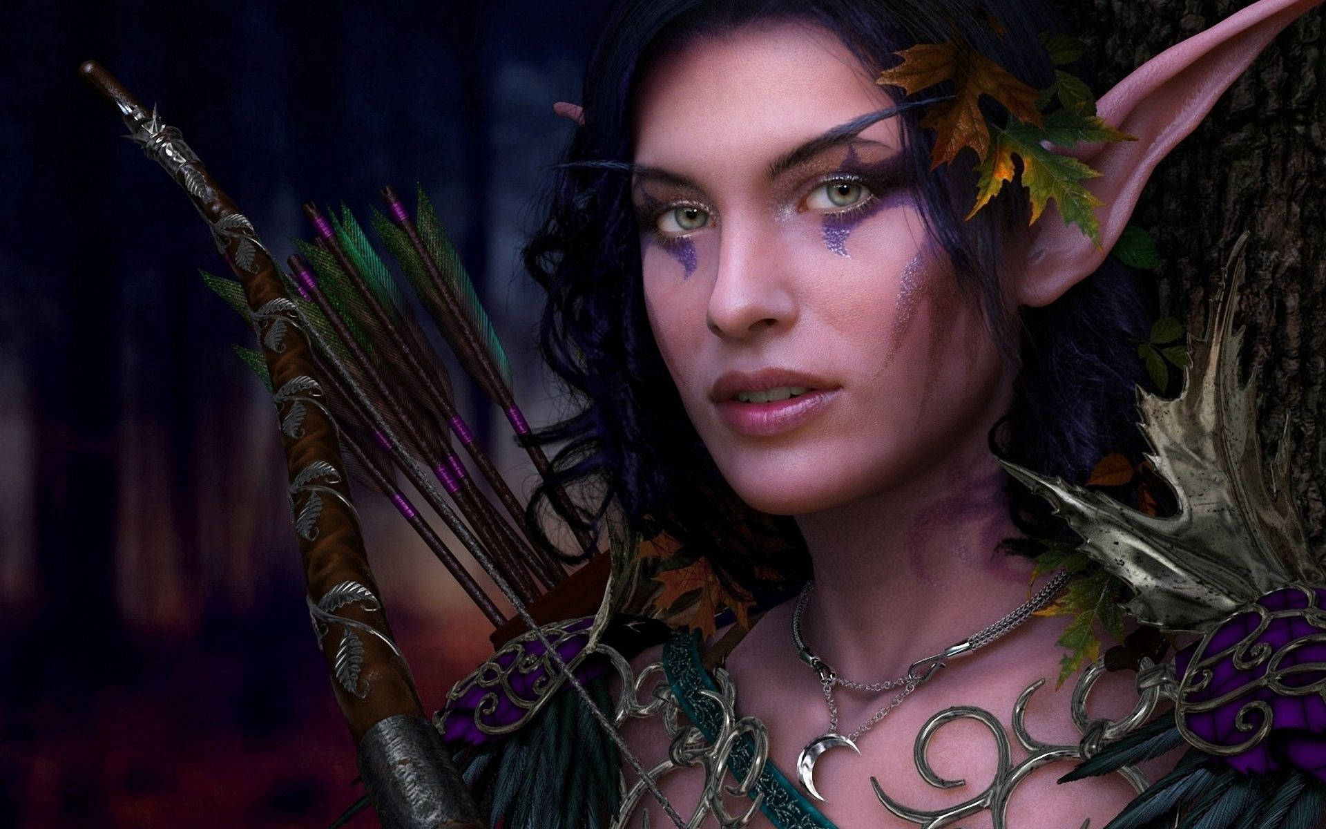 elfeyka, purple face paint, bow and arrows, Full HD Desktop Wallpaper