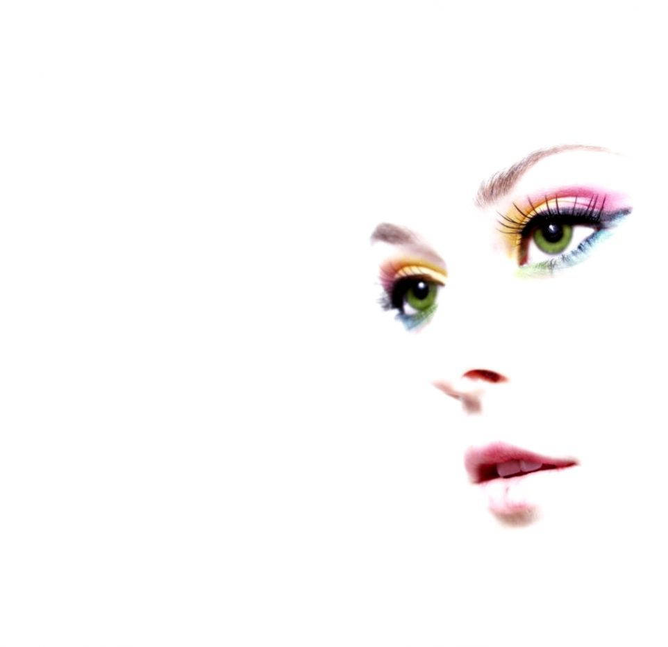rainbow eyeshadow, green eyes, stark white background, SD Desktop Wallpaper
