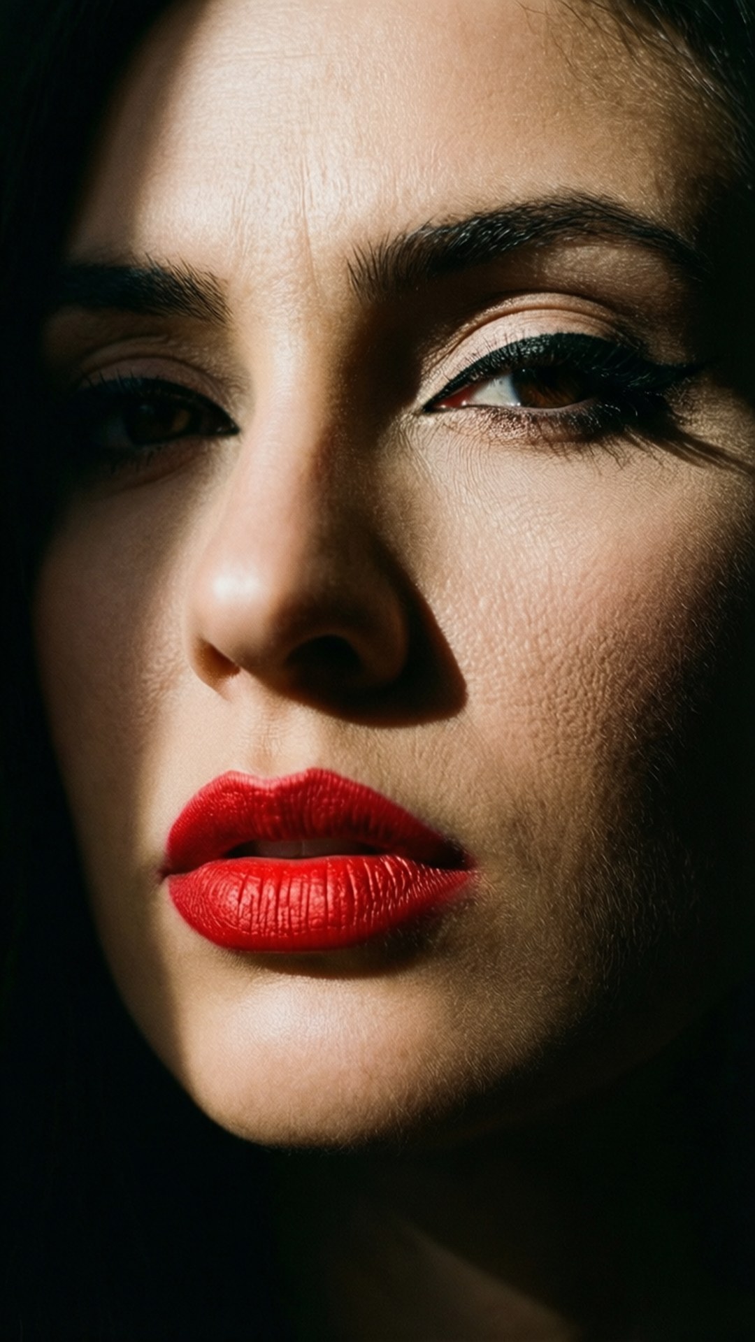 bold red lipstick, smoky eyes, strong side lighting, Full HD Phone Wallpaper