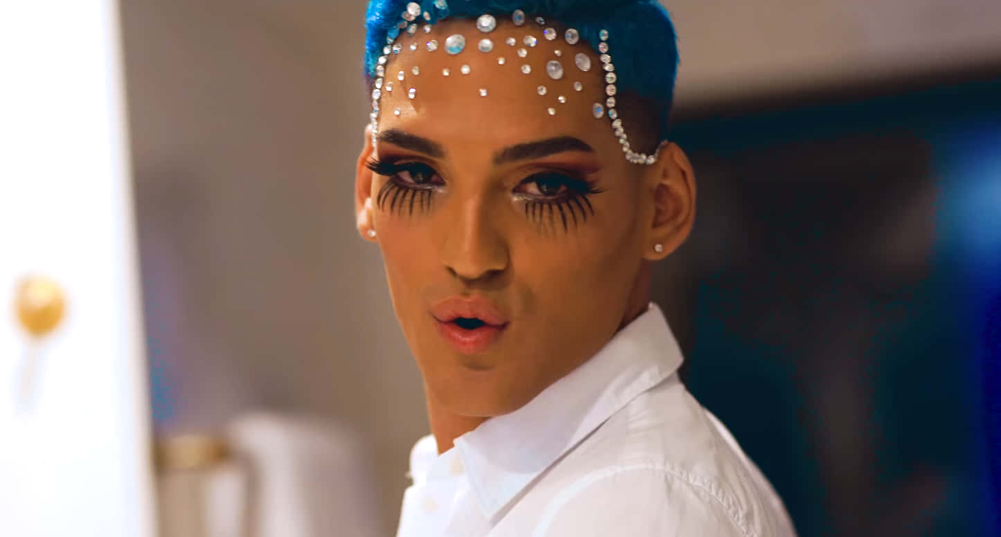 vibrant blue hair, sparkling rhinestones on forehead, white shirt, HD Desktop Wallpaper