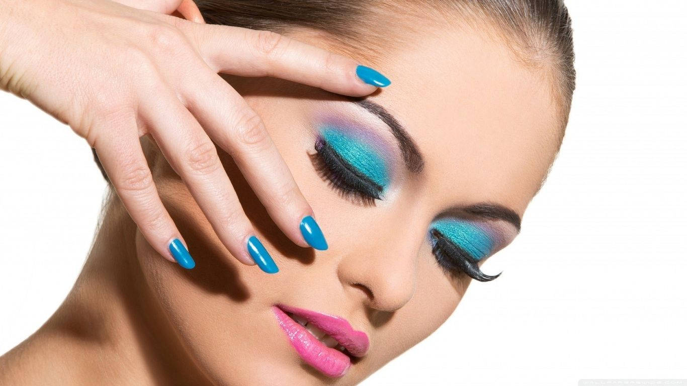 glam blue makeup look, blue eyeshadow, pink lips, HD Desktop Wallpaper
