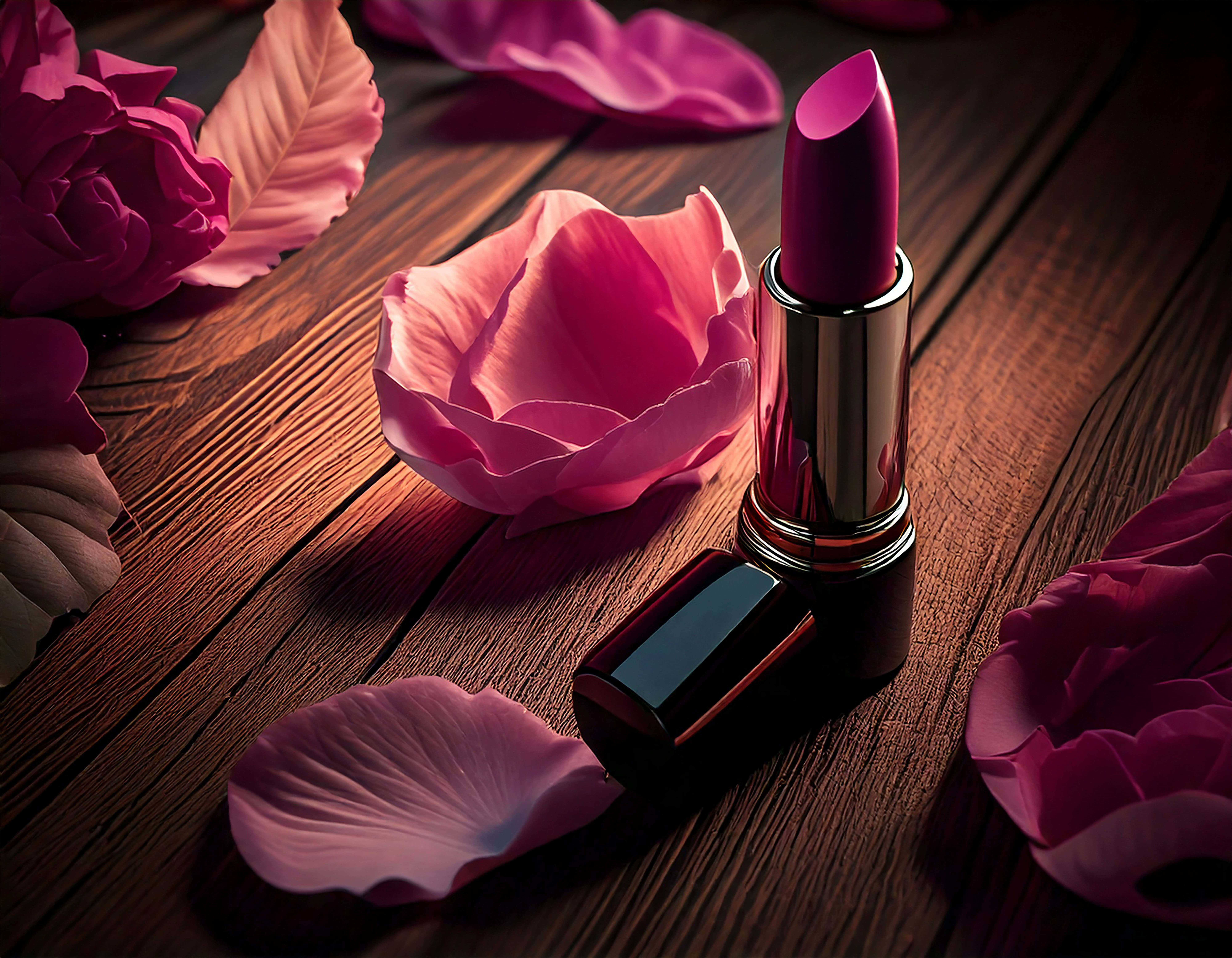 magenta lipstick, pink roses, scattered petals, 8K Desktop Wallpaper